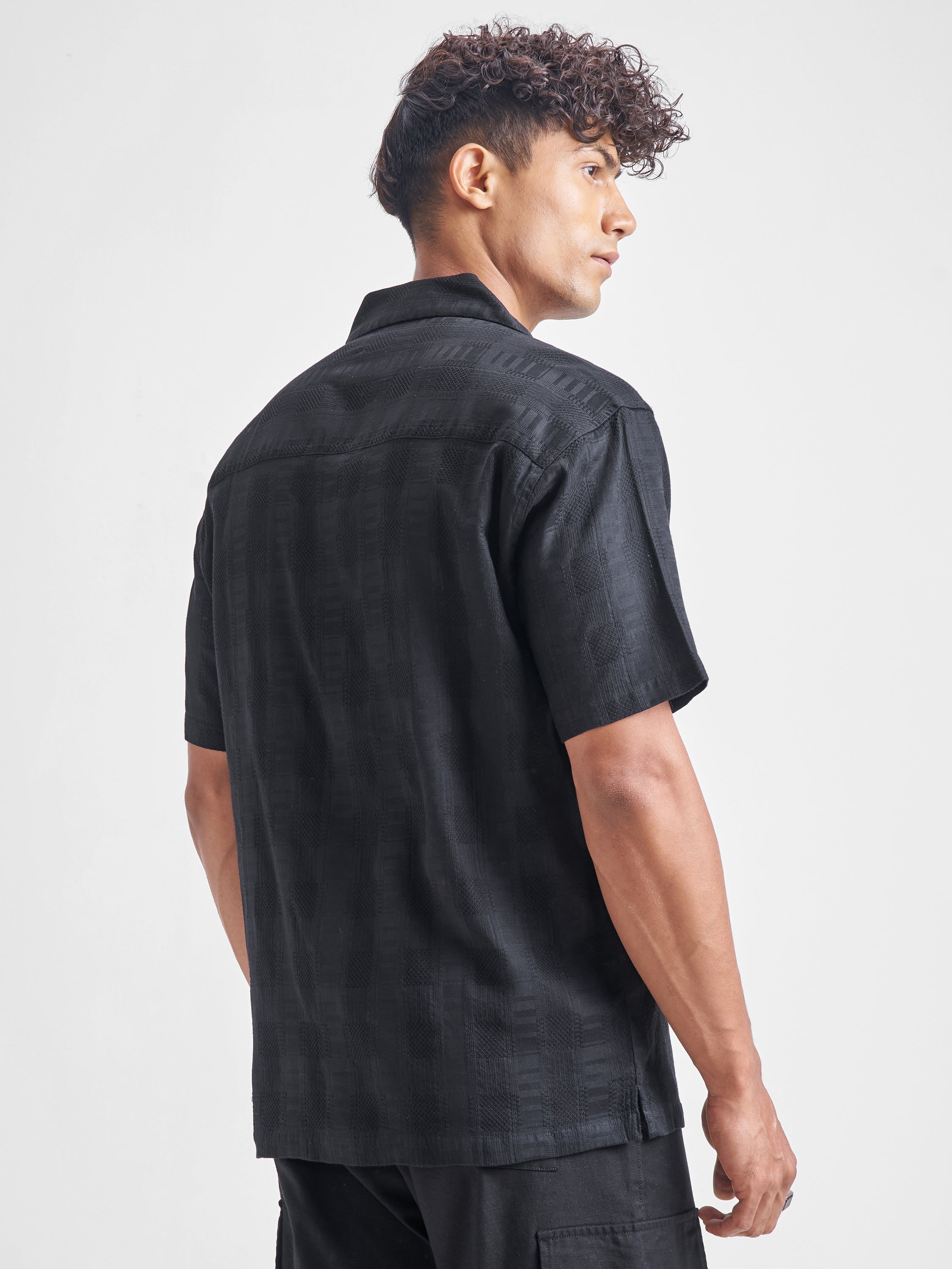 Highlander Men Black Self Design Relaxed Fit Casual Shirt - Black - Image 3