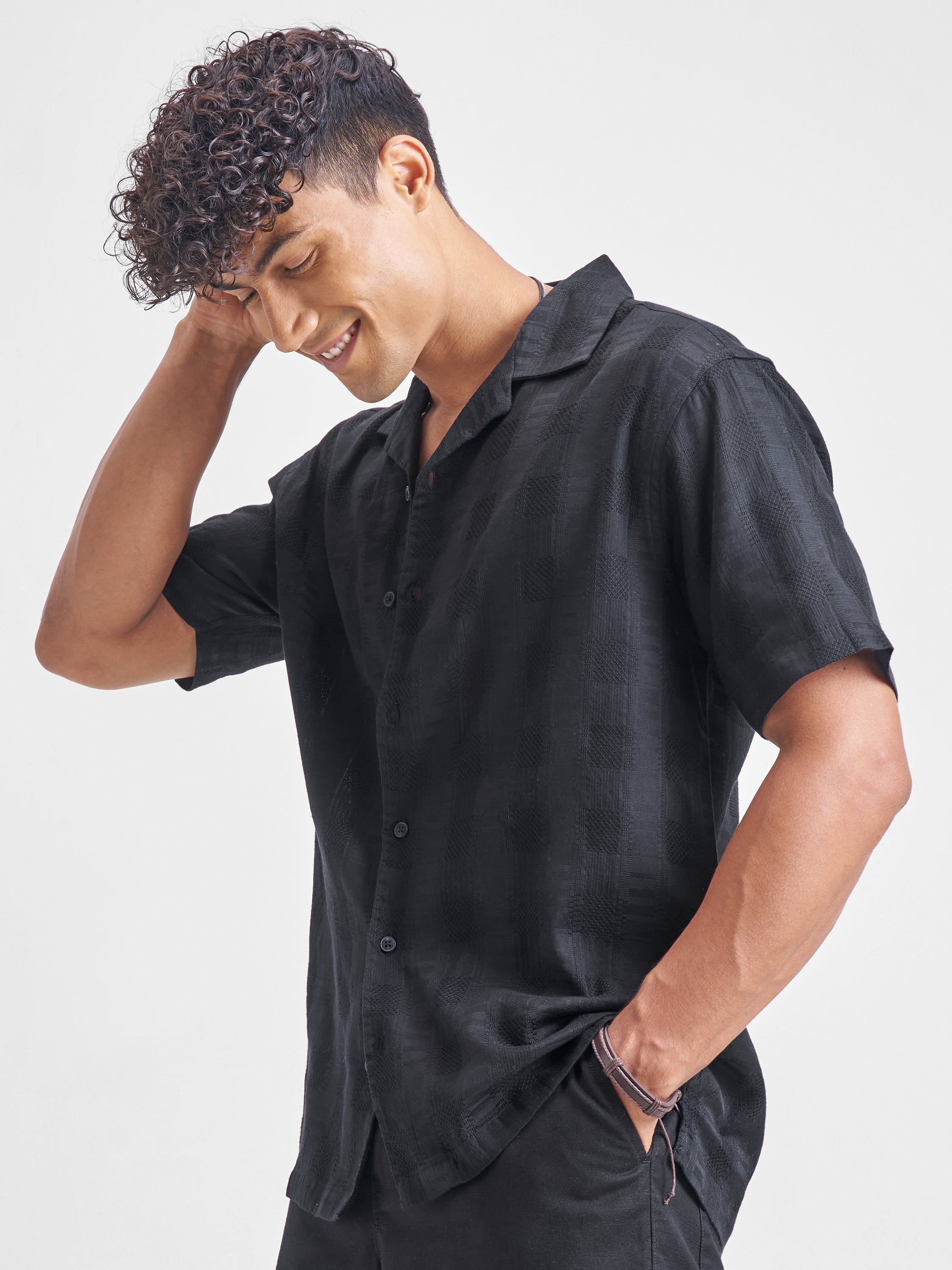 Highlander Men Black Self Design Relaxed Fit Casual Shirt - Black - Image 4
