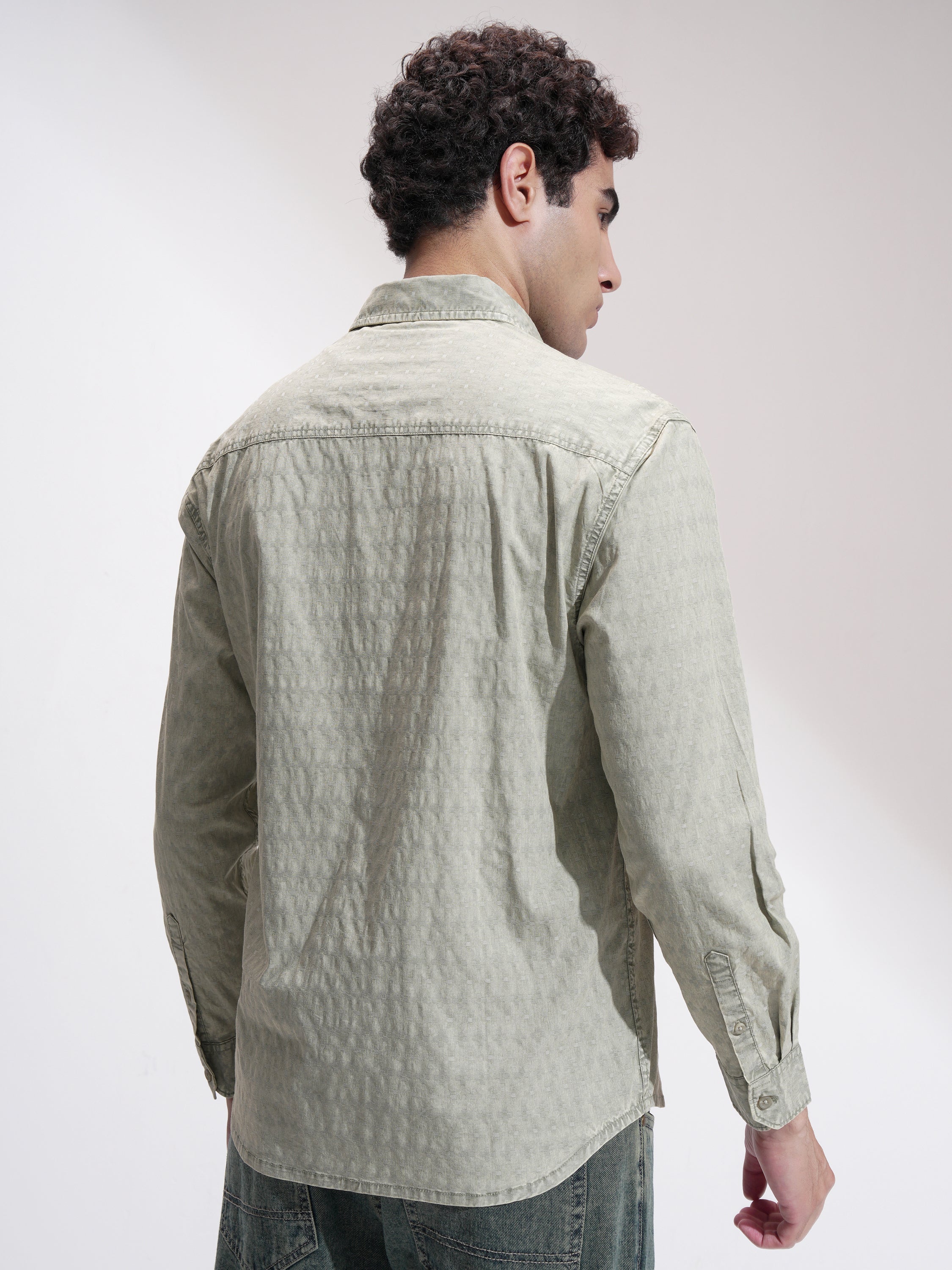 Highlander Men Olive Self Design Relaxed Fit Casual Shirt - Olive - Image 3