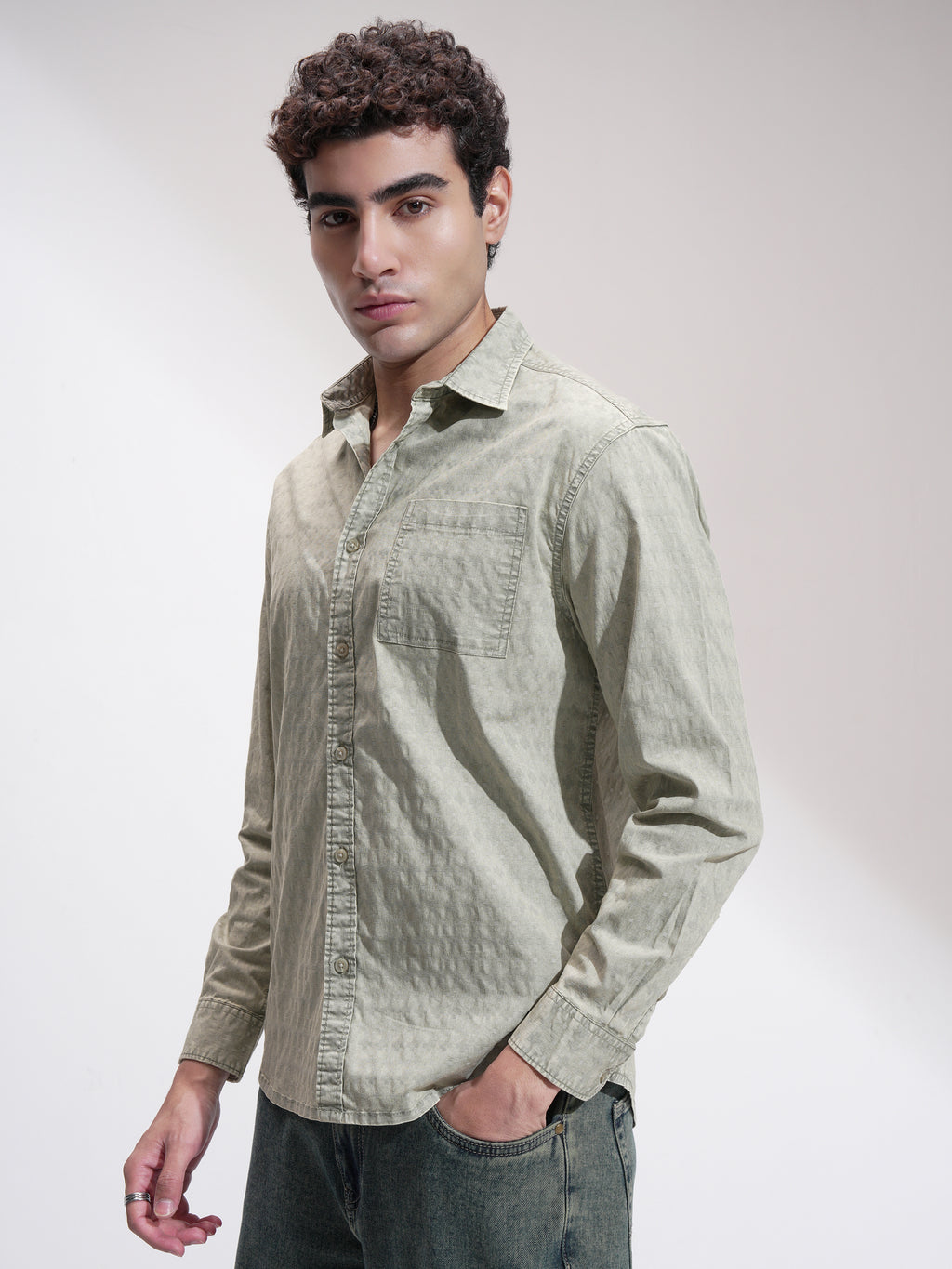 Highlander Men Olive Self Design Relaxed Fit Casual Shirt - Olive - Image 4