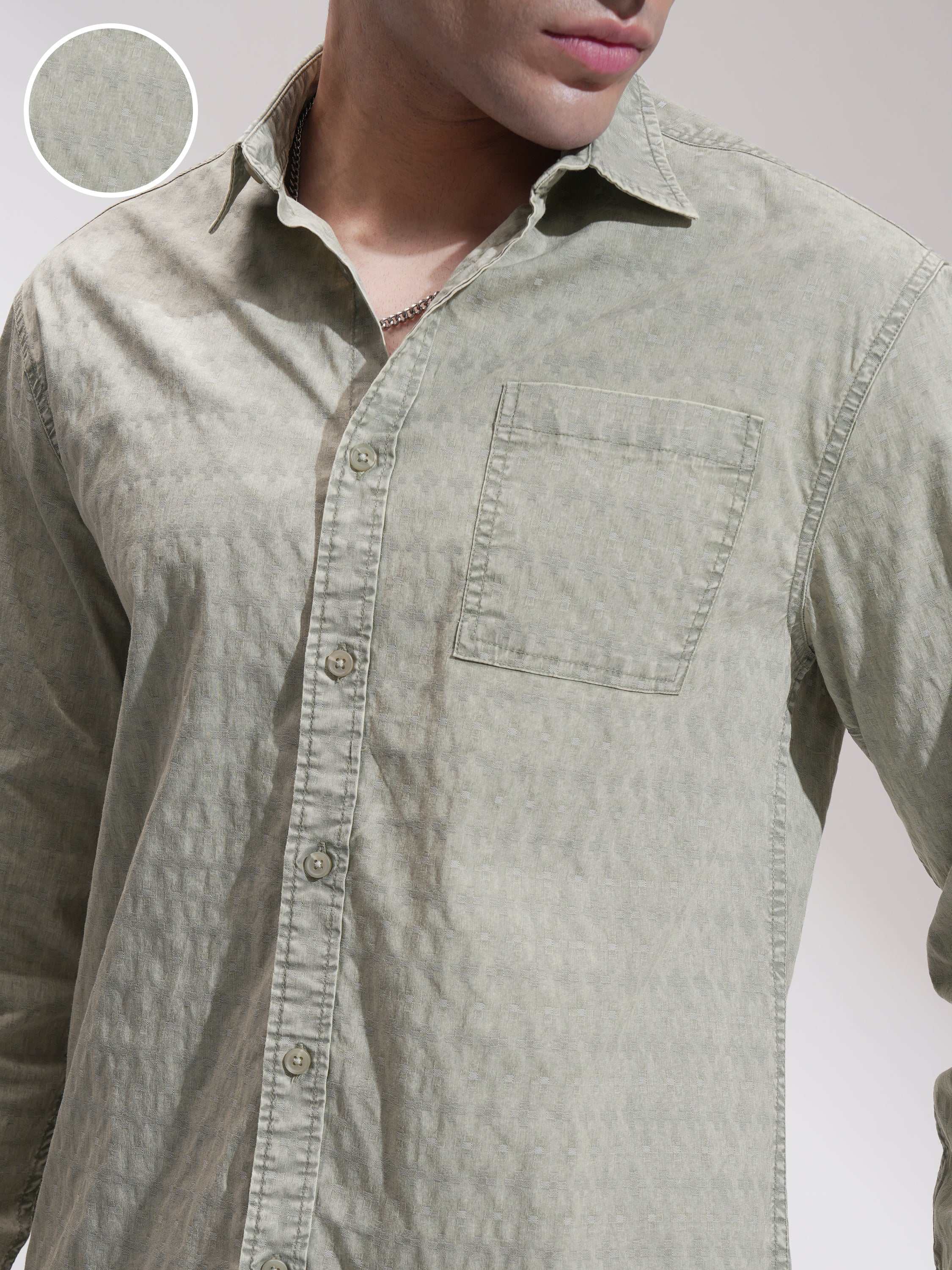 Highlander Men Olive Self Design Relaxed Fit Casual Shirt - Olive - Image 5