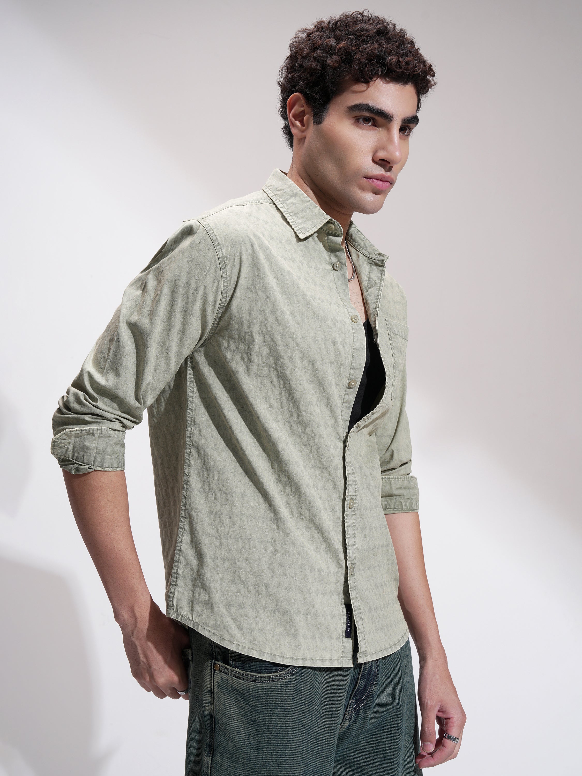 Highlander Men Olive Self Design Relaxed Fit Casual Shirt - Olive - Image 6