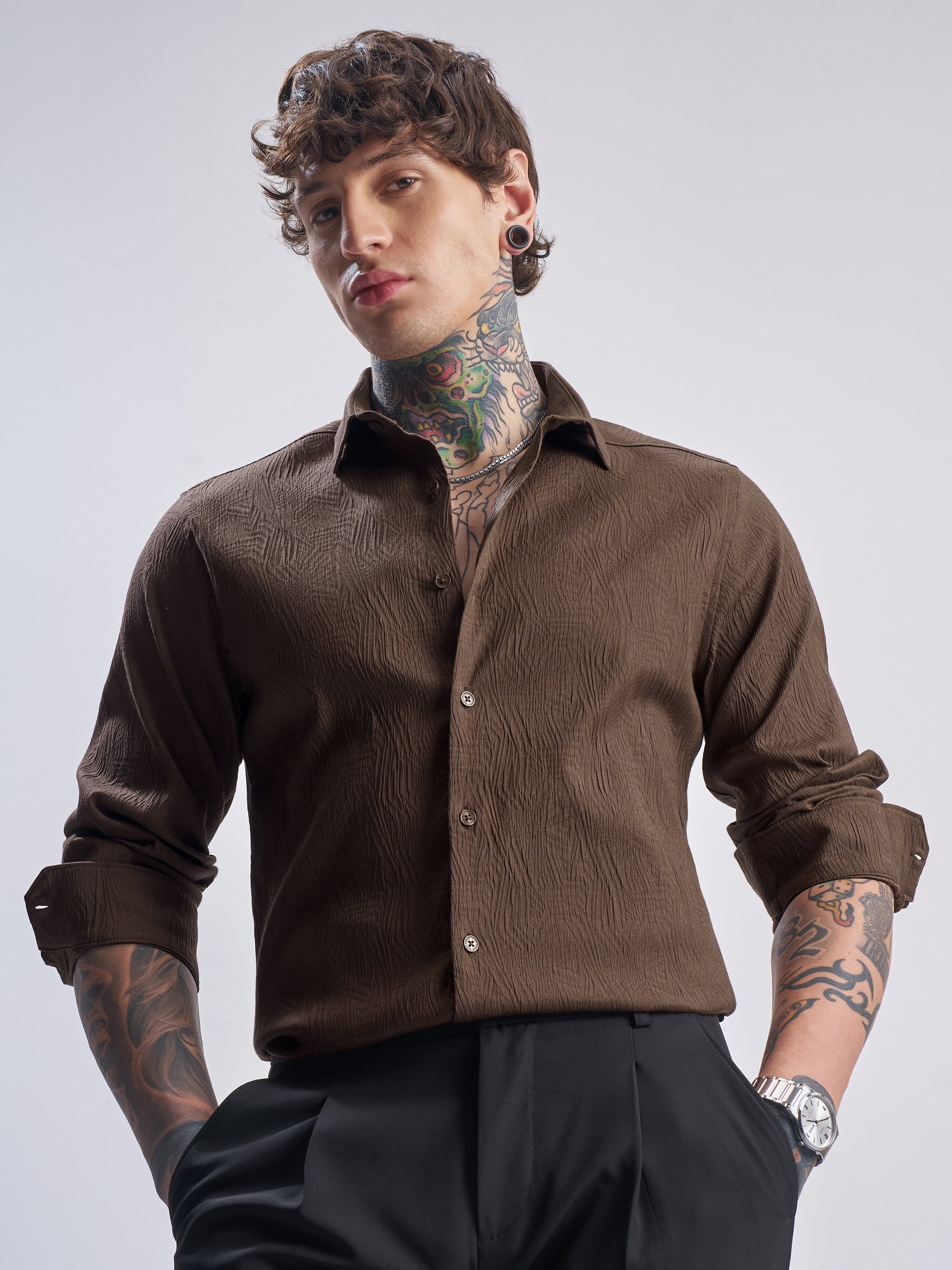 Highlander Men Brown Self Design Slim Fit Casual Shirt - Brown - Image 1