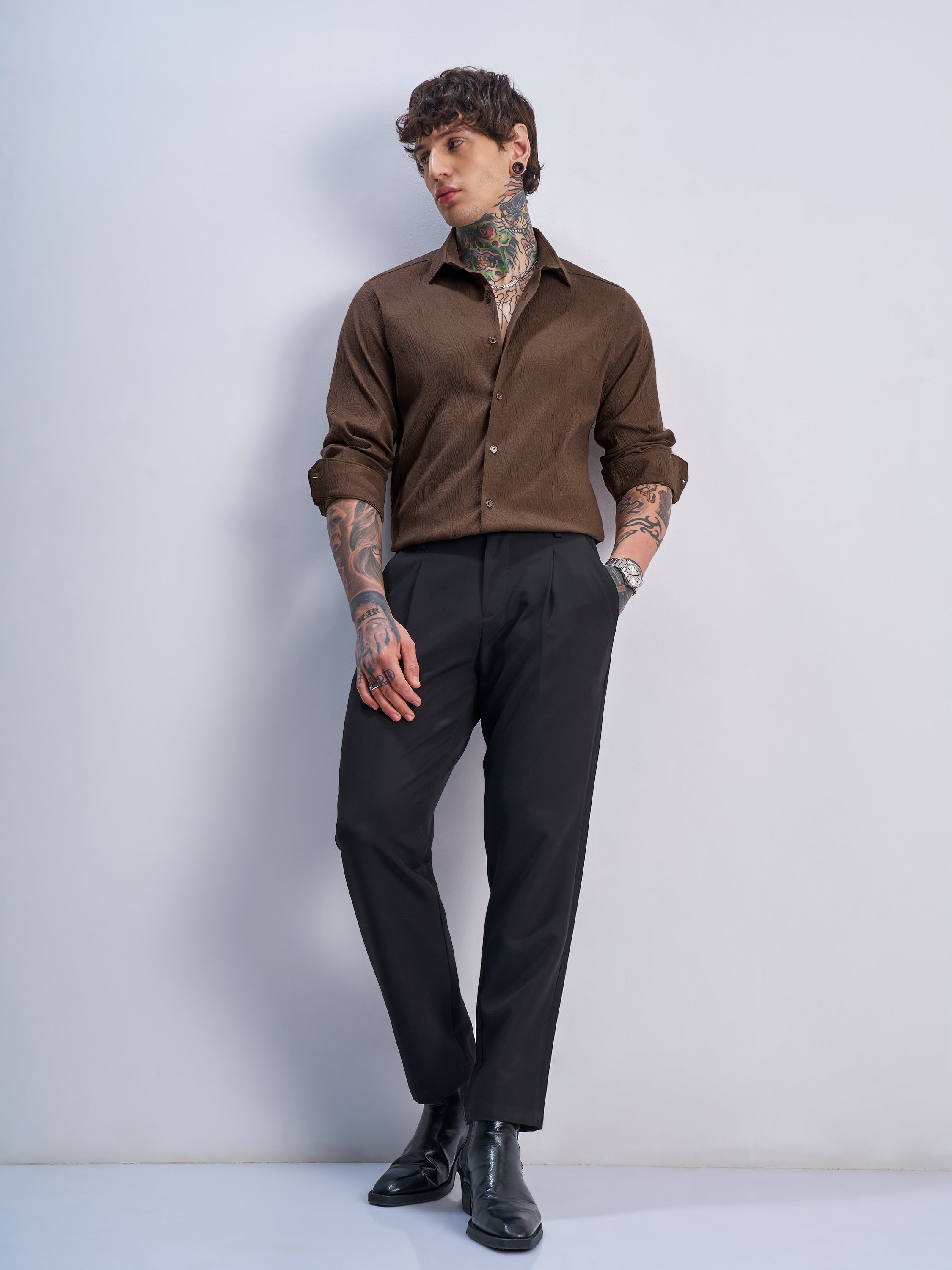 Highlander Men Brown Self Design Slim Fit Casual Shirt - Brown - Image 2