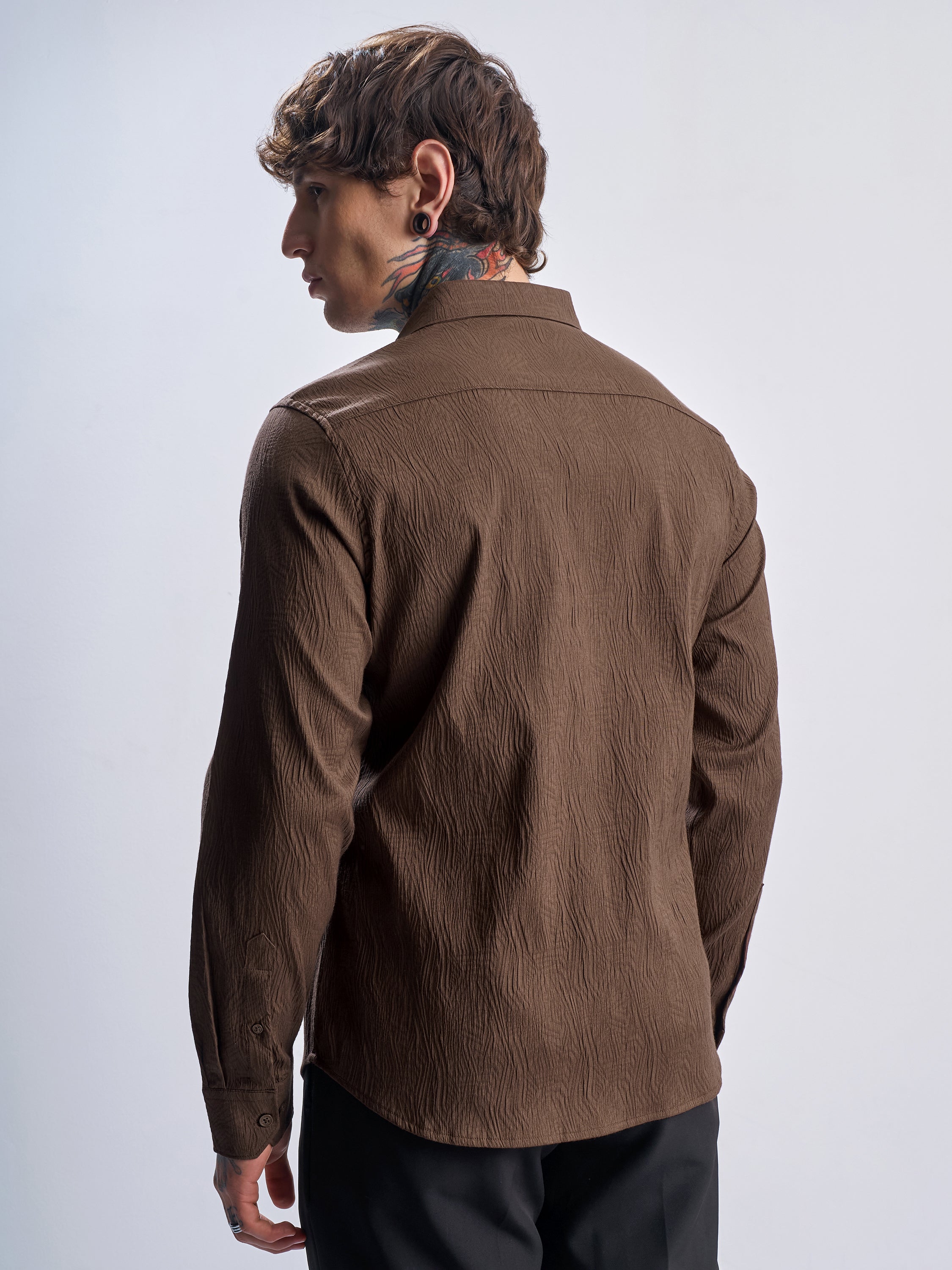 Highlander Men Brown Self Design Slim Fit Casual Shirt - Brown - Image 3