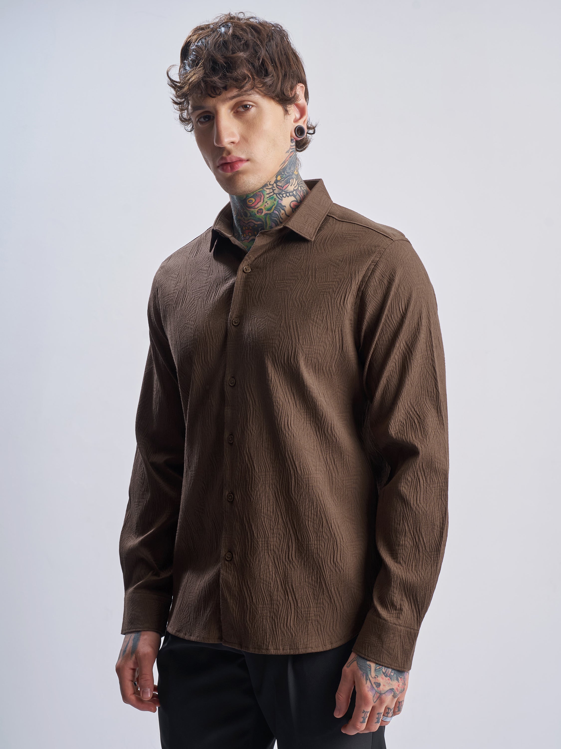 Highlander Men Brown Self Design Slim Fit Casual Shirt - Brown - Image 4