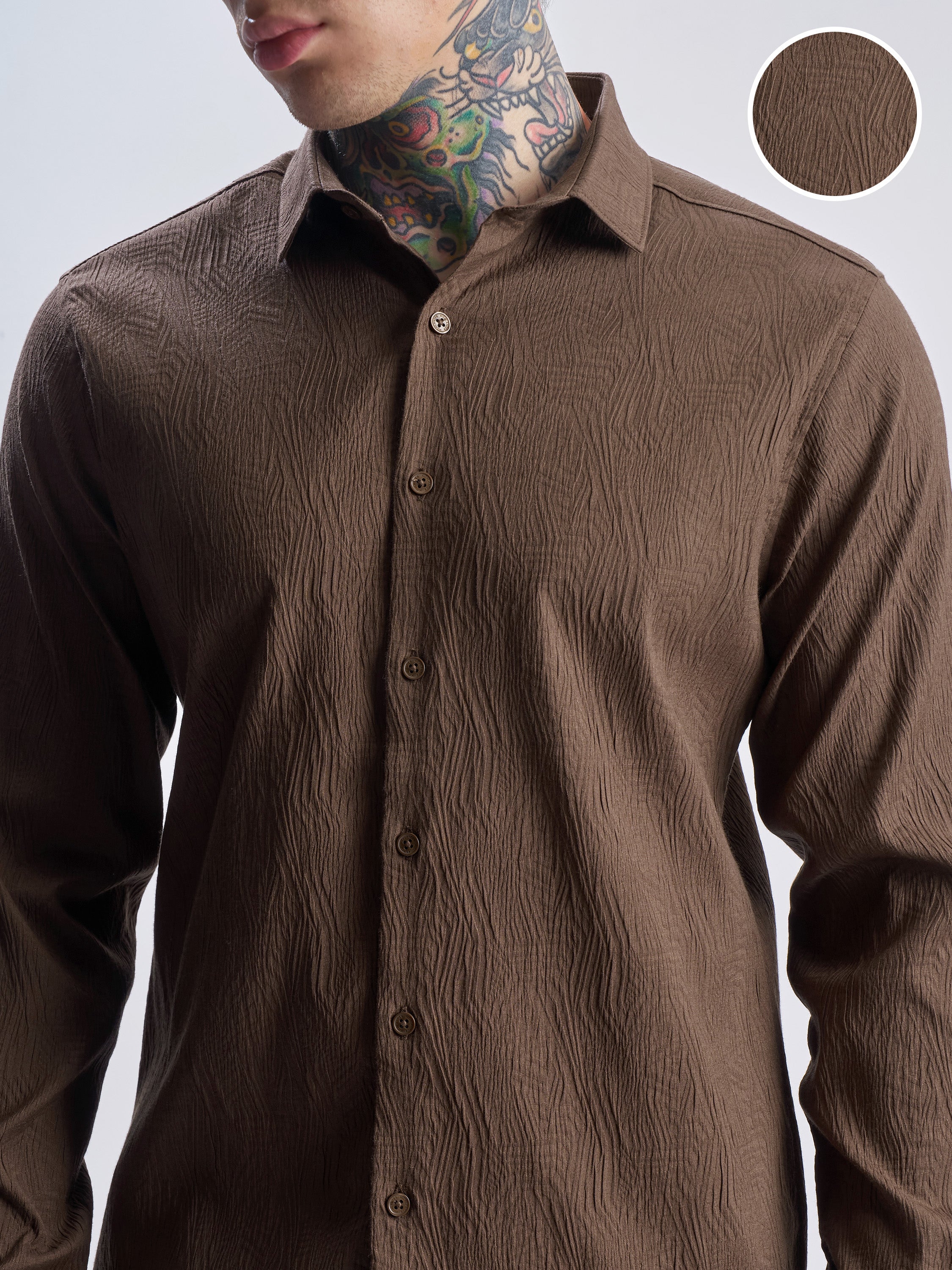 Highlander Men Brown Self Design Slim Fit Casual Shirt - Brown - Image 5