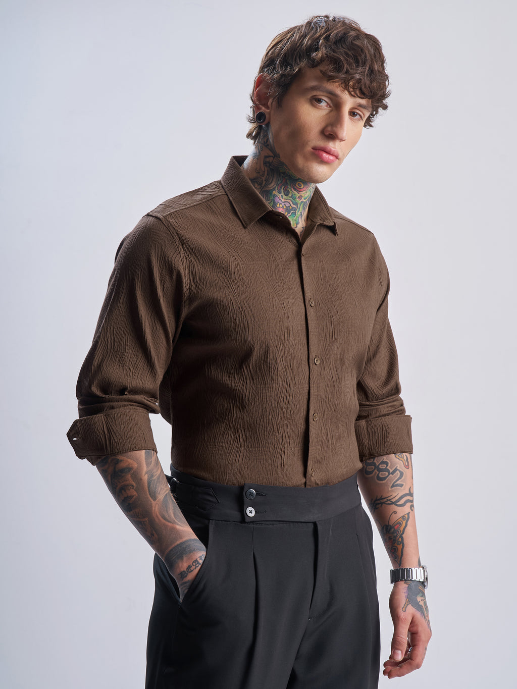 Highlander Men Brown Self Design Slim Fit Casual Shirt - Brown - Image 6