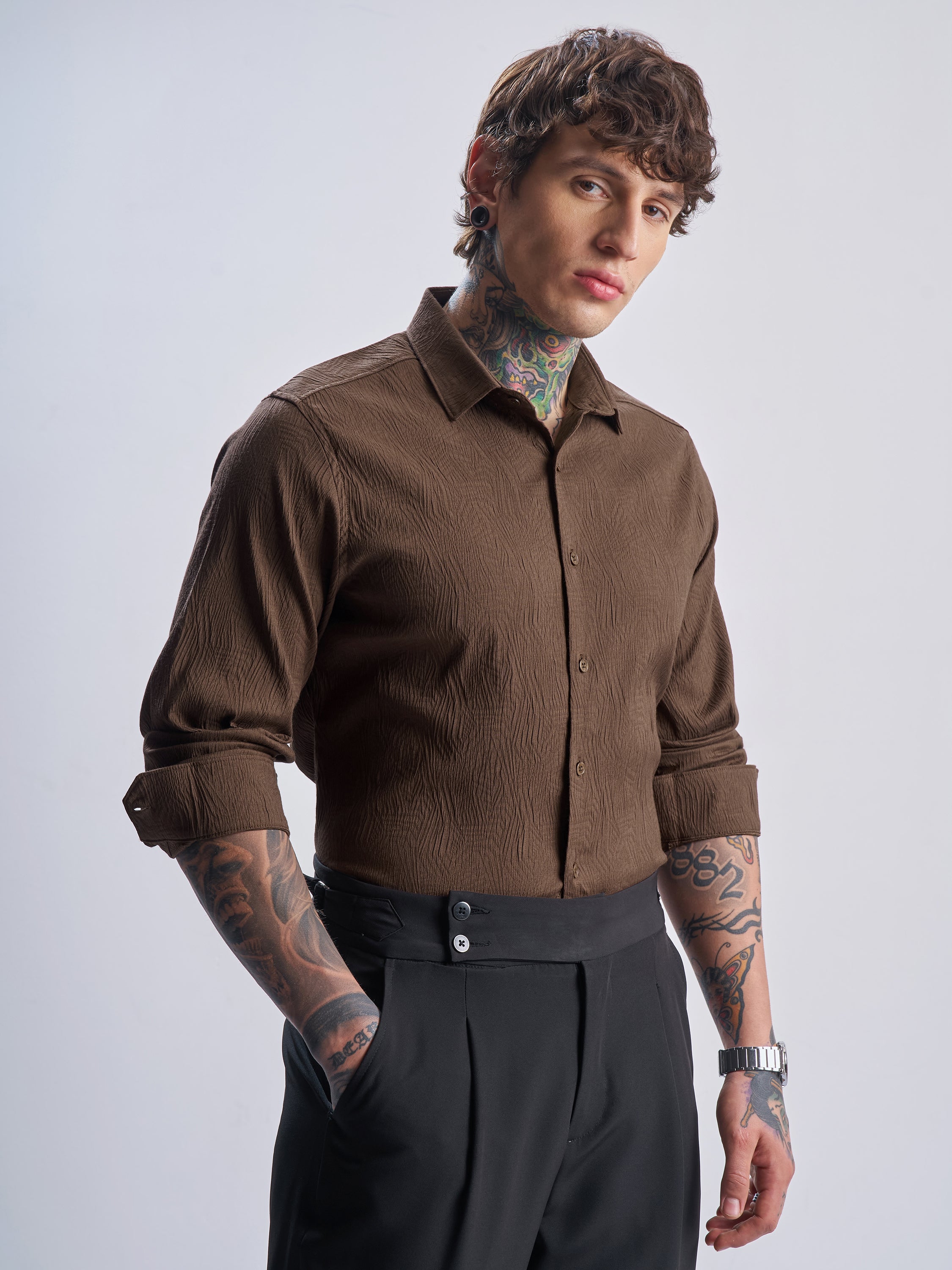 Highlander Men Brown Self Design Slim Fit Casual Shirt - Brown - Image 6