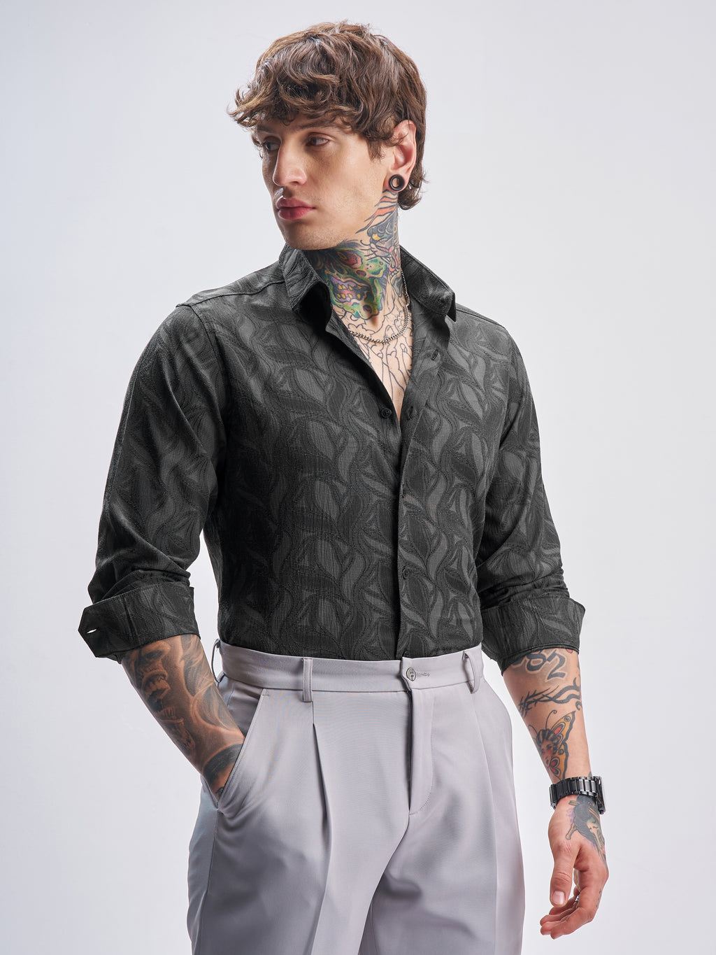 Highlander Men Grey Self Design Slim Fit Casual Shirt - Grey - Image 1