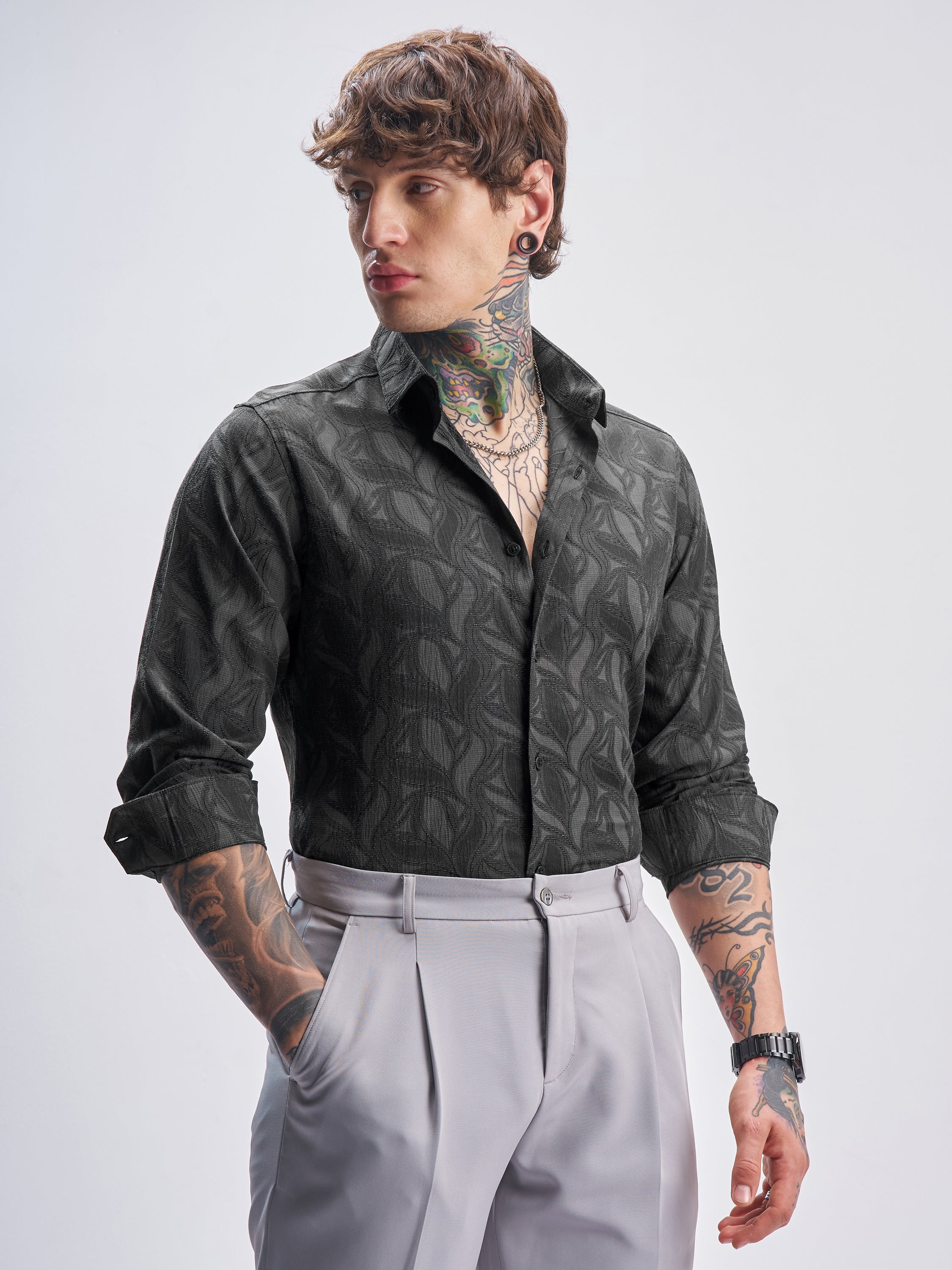 Highlander Men Grey Self Design Slim Fit Casual Shirt - Grey - Image 1