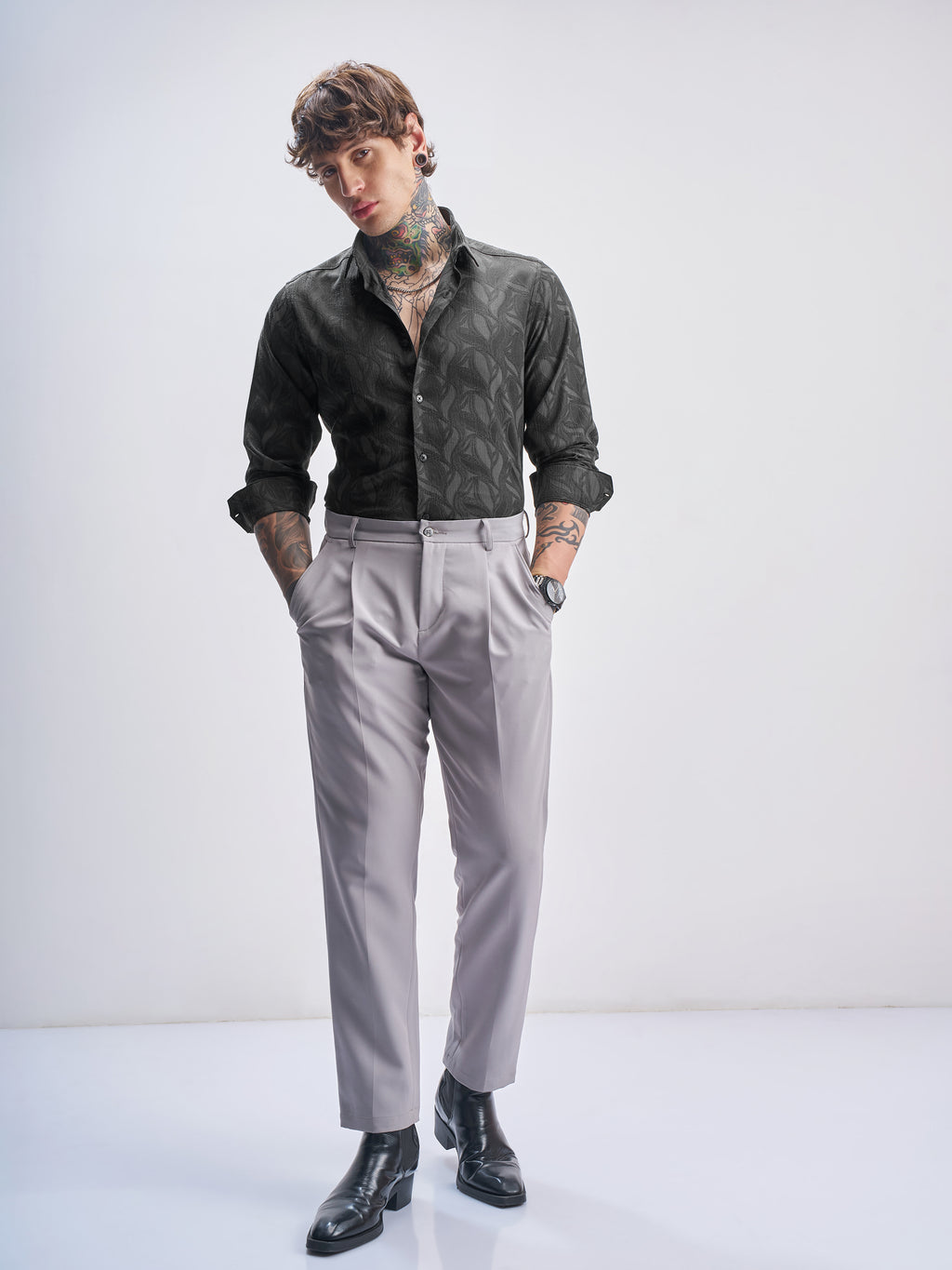 Highlander Men Grey Self Design Slim Fit Casual Shirt - Grey - Image 2