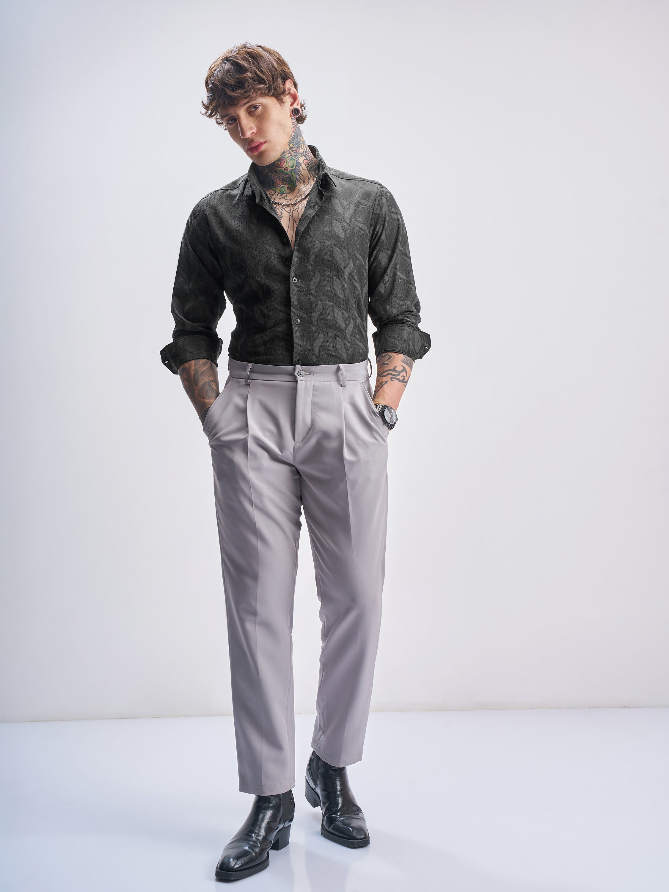 Highlander Men Grey Self Design Slim Fit Casual Shirt - Grey - Image 2