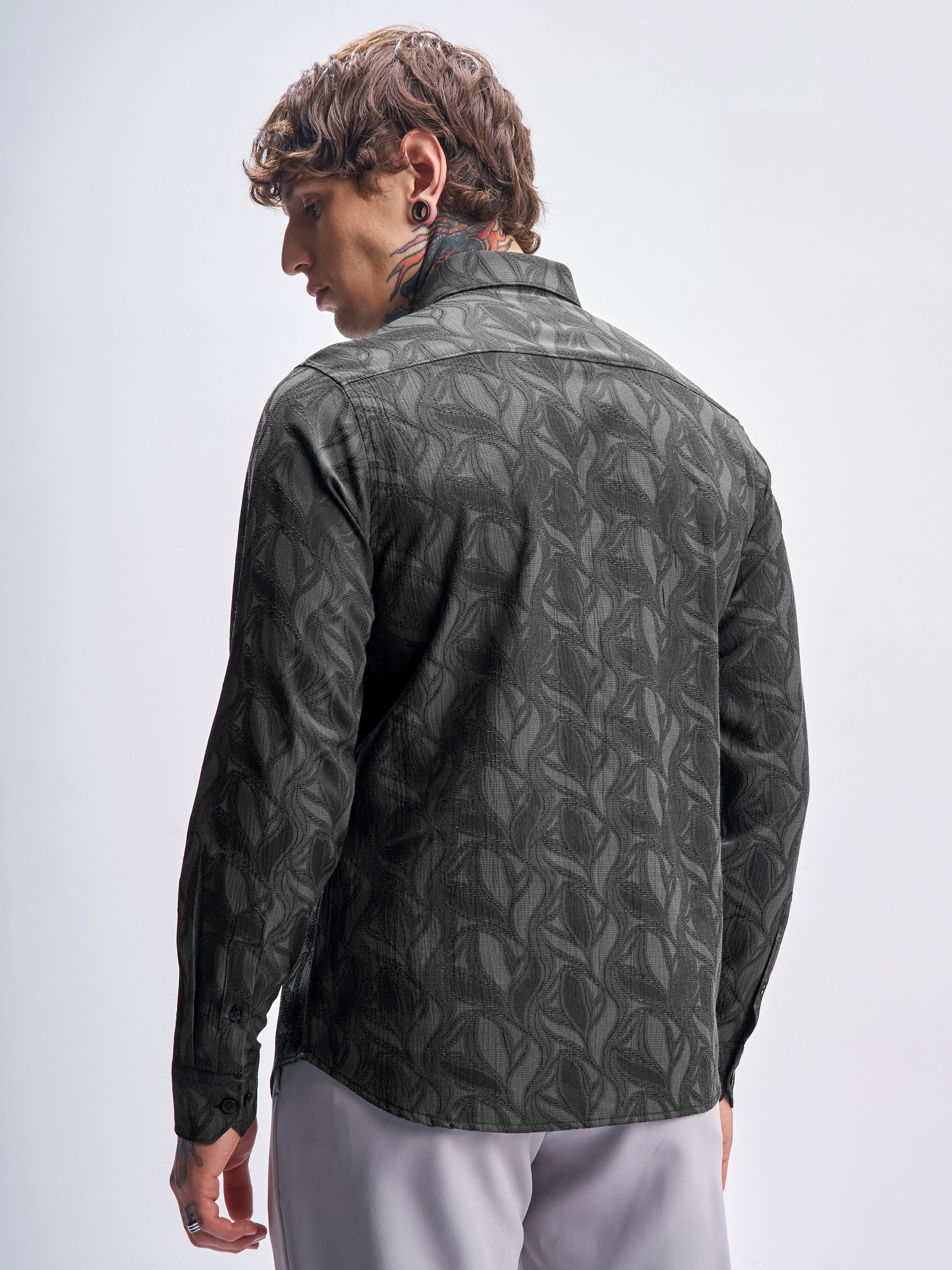 Highlander Men Grey Self Design Slim Fit Casual Shirt - Grey - Image 3