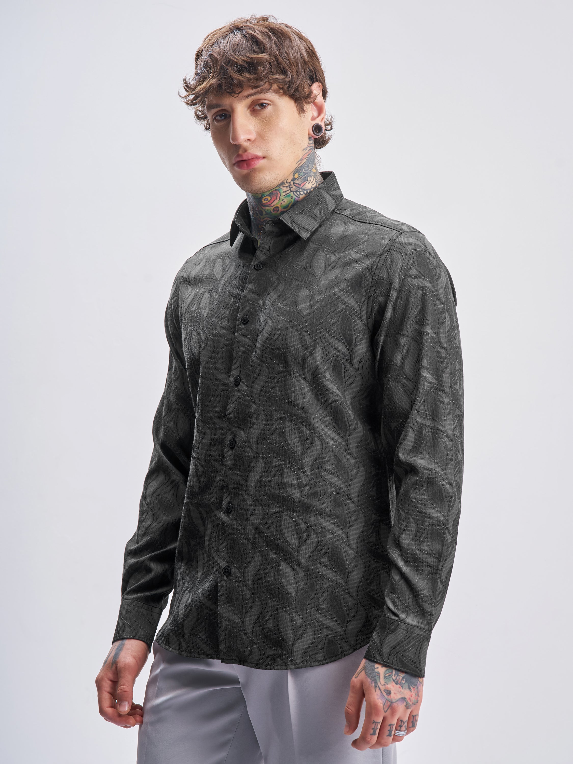 Highlander Men Grey Self Design Slim Fit Casual Shirt - Grey - Image 4