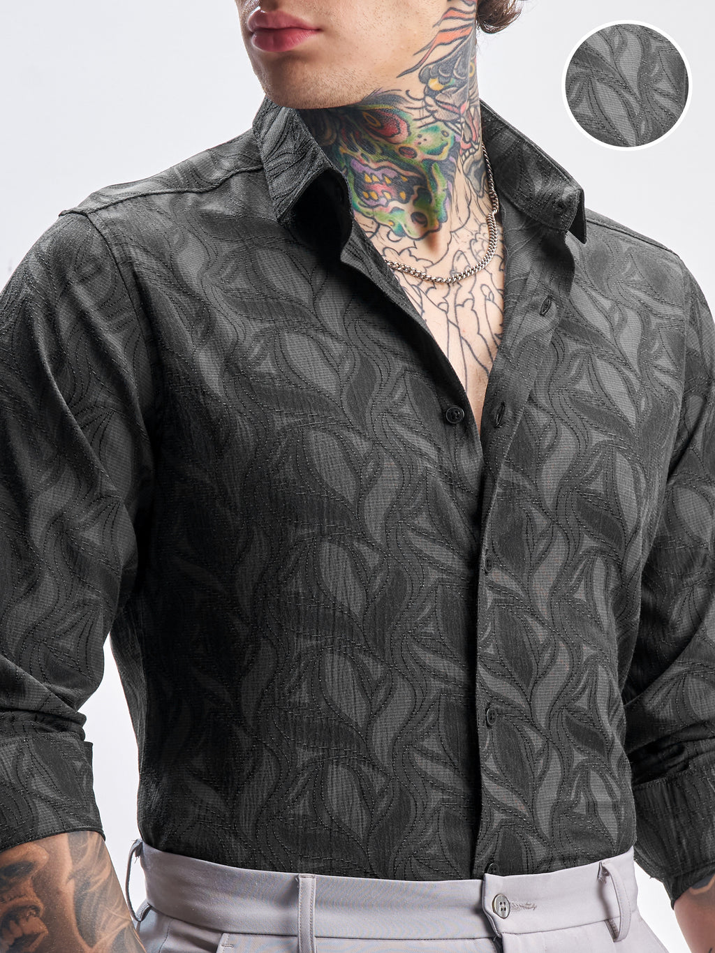 Highlander Men Grey Self Design Slim Fit Casual Shirt - Grey - Image 5