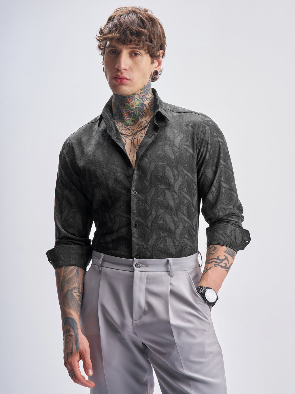 Highlander Men Grey Self Design Slim Fit Casual Shirt - Grey - Image 6