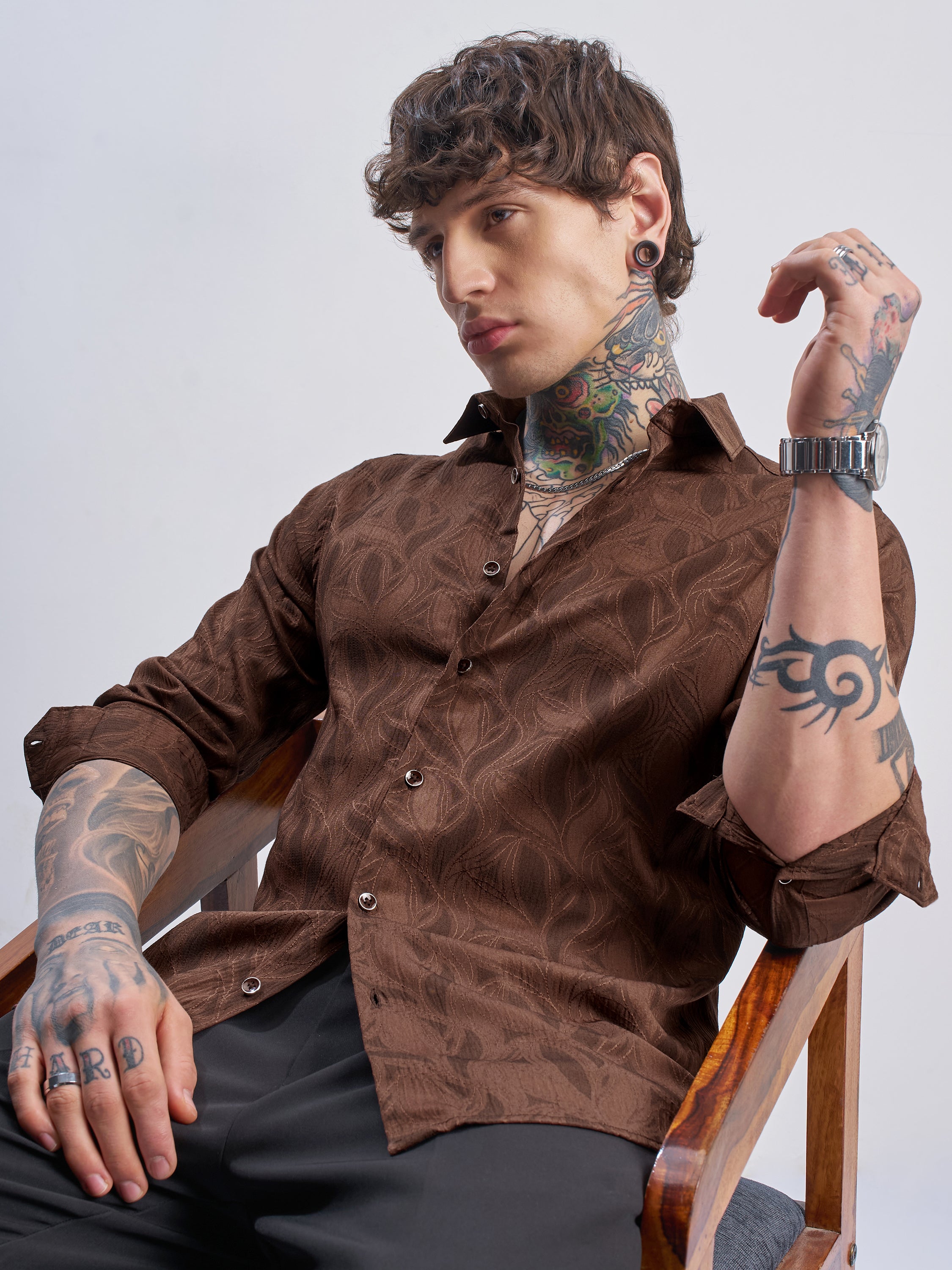 Highlander Men Rust Self Design Slim Fit Casual Shirt - Rust - Image 1