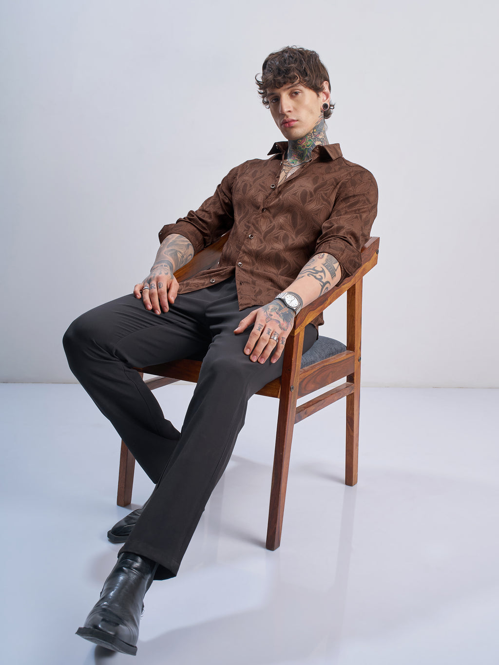 Highlander Men Rust Self Design Slim Fit Casual Shirt - Rust - Image 2