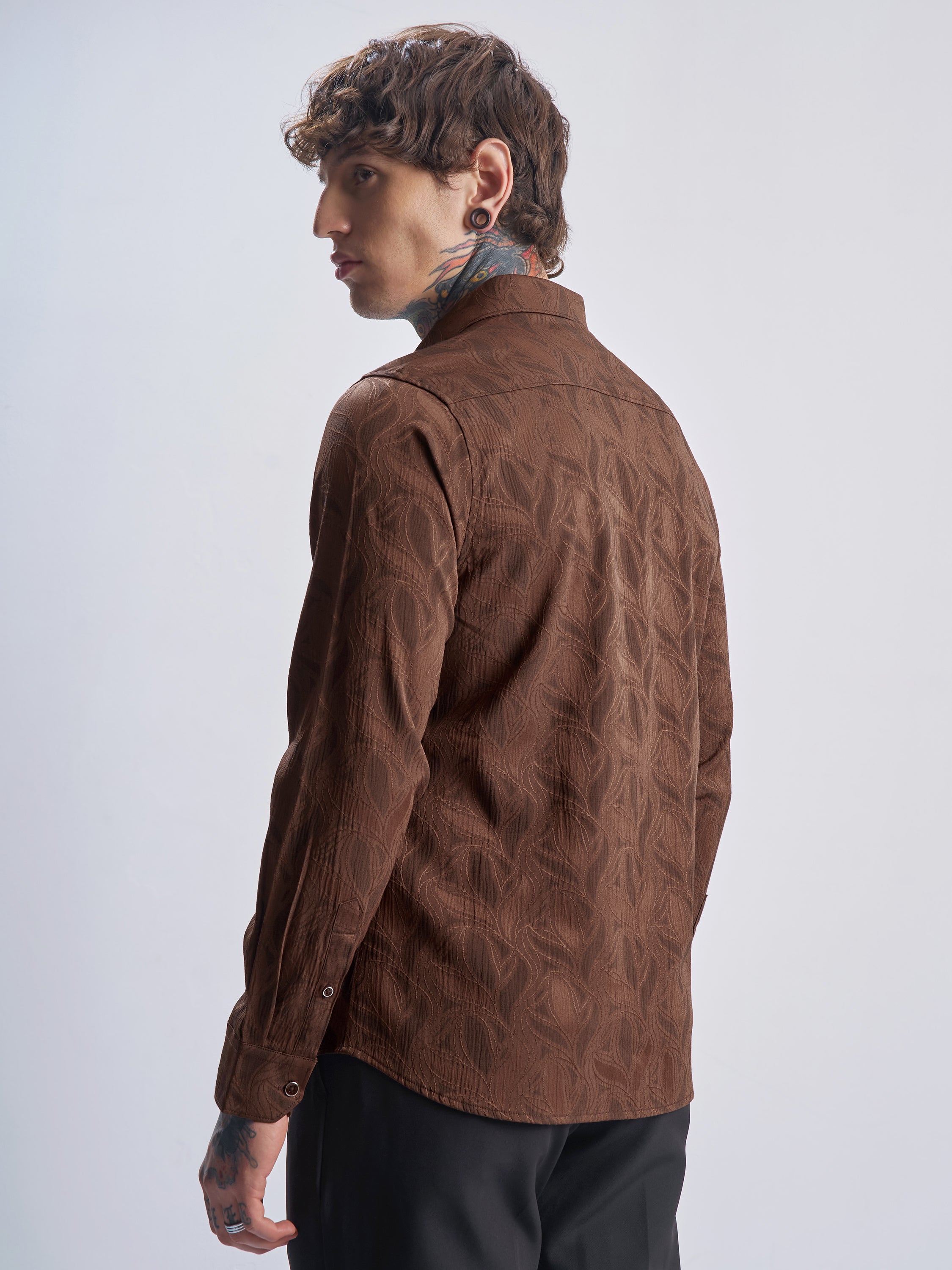 Highlander Men Rust Self Design Slim Fit Casual Shirt - Rust - Image 3