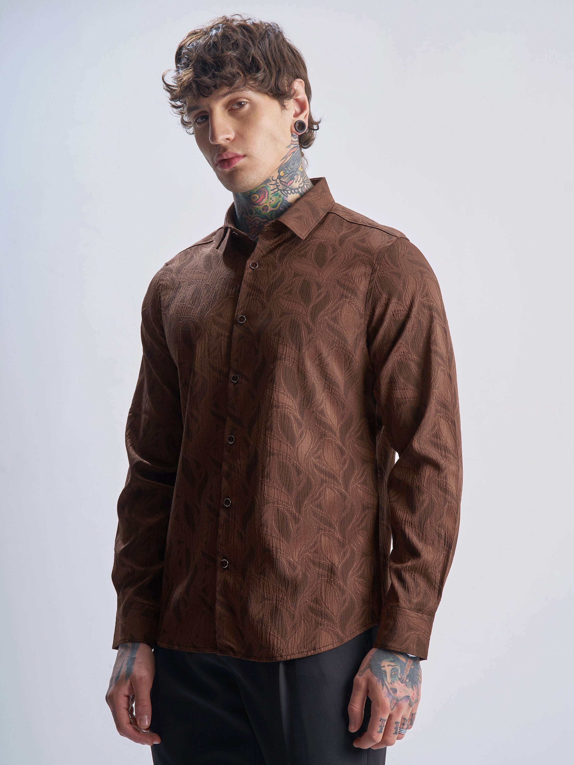 Highlander Men Rust Self Design Slim Fit Casual Shirt - Rust - Image 4