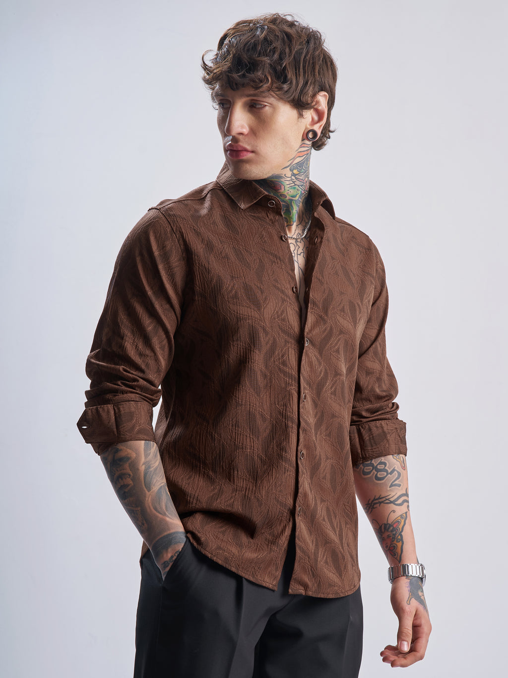 Highlander Men Rust Self Design Slim Fit Casual Shirt - Rust - Image 6