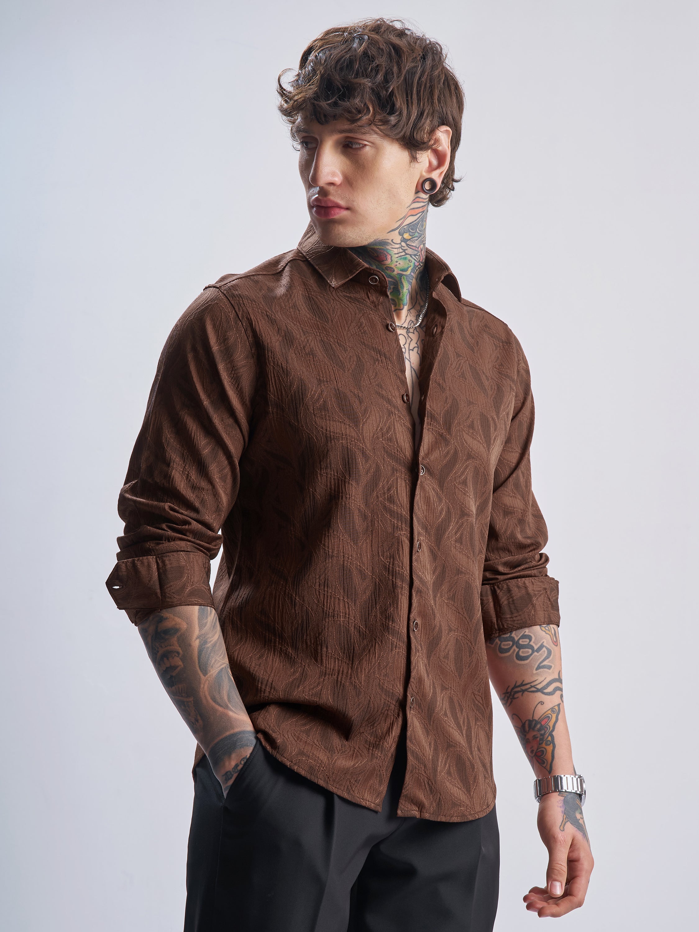 Highlander Men Rust Self Design Slim Fit Casual Shirt - Rust - Image 6