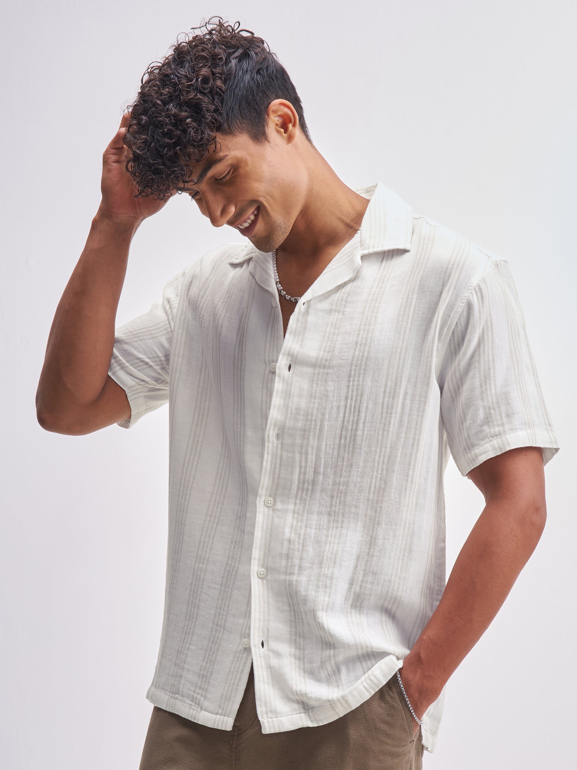 Highlander Men Off White Striped Relaxed Fit Casual Shirt - Off White - Image 4