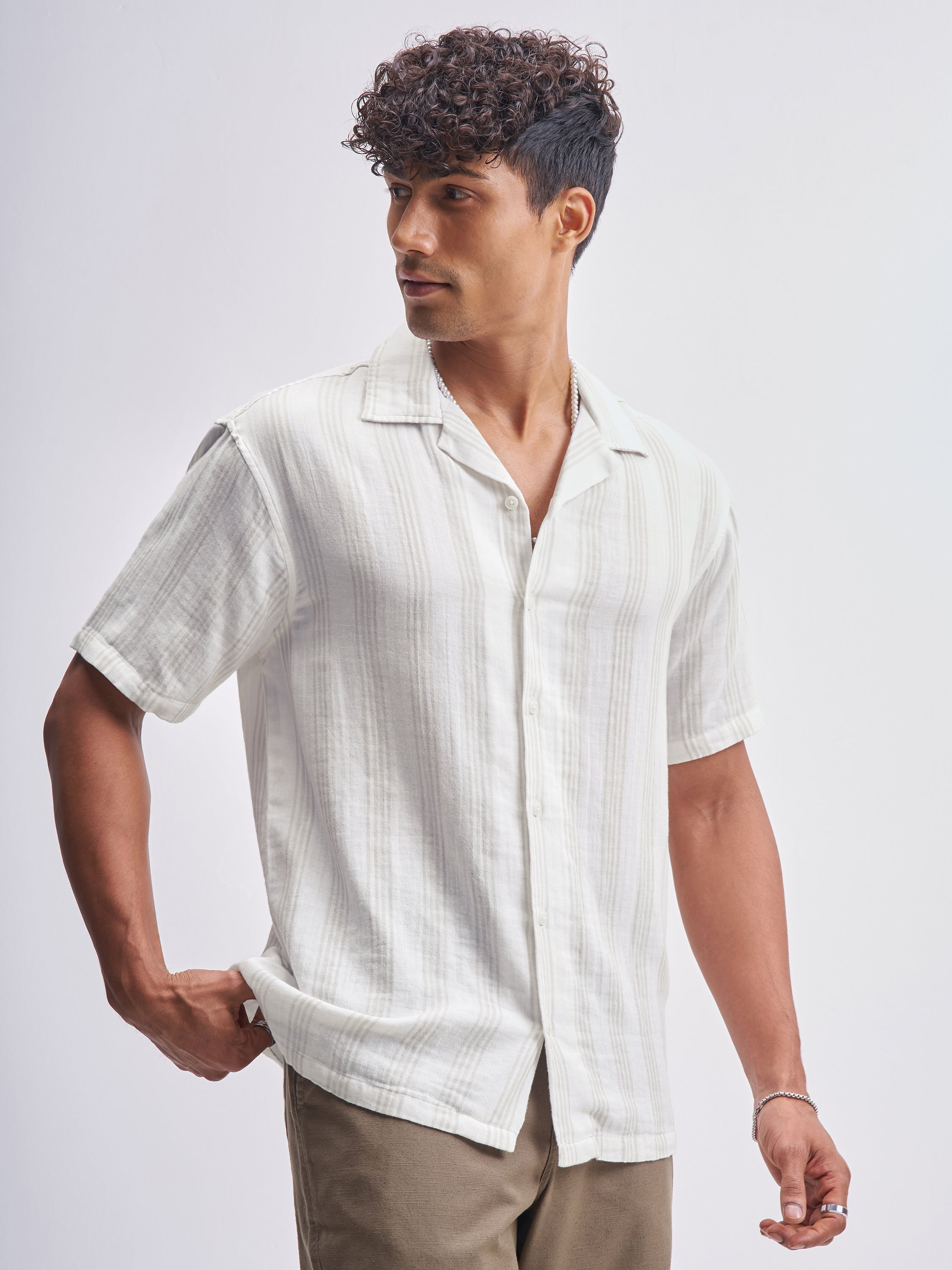 Highlander Men Off White Striped Relaxed Fit Casual Shirt - Off White - Image 6