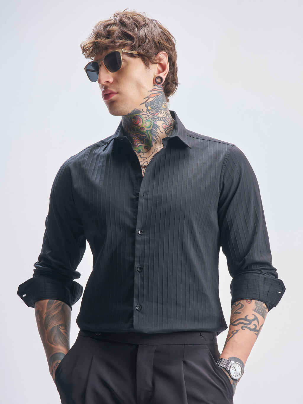 Highlander Men Black Self Design Slim Fit Casual Shirt - Black - Image 1