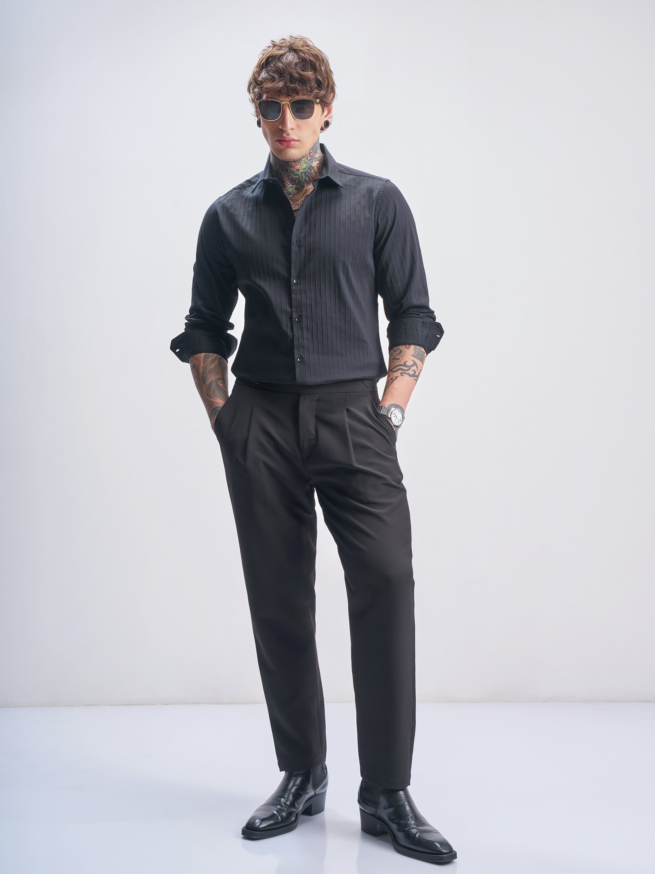 Highlander Men Black Self Design Slim Fit Casual Shirt - Black - Image 2