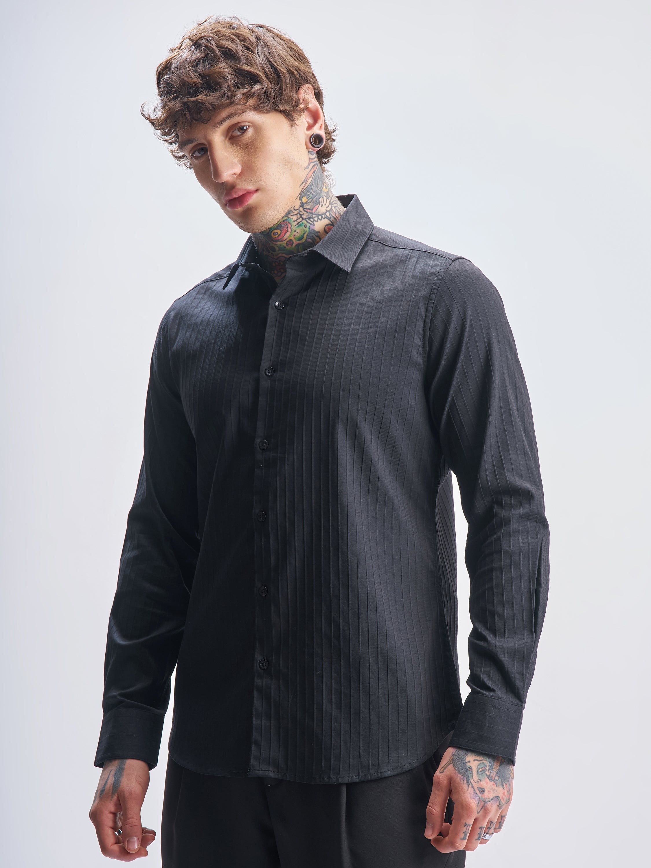 Highlander Men Black Self Design Slim Fit Casual Shirt - Black - Image 4