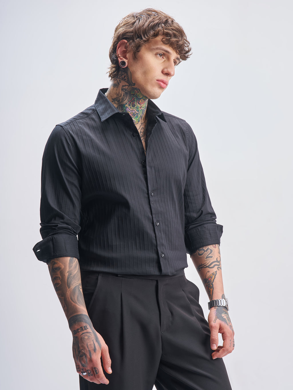 Highlander Men Black Self Design Slim Fit Casual Shirt - Black - Image 6
