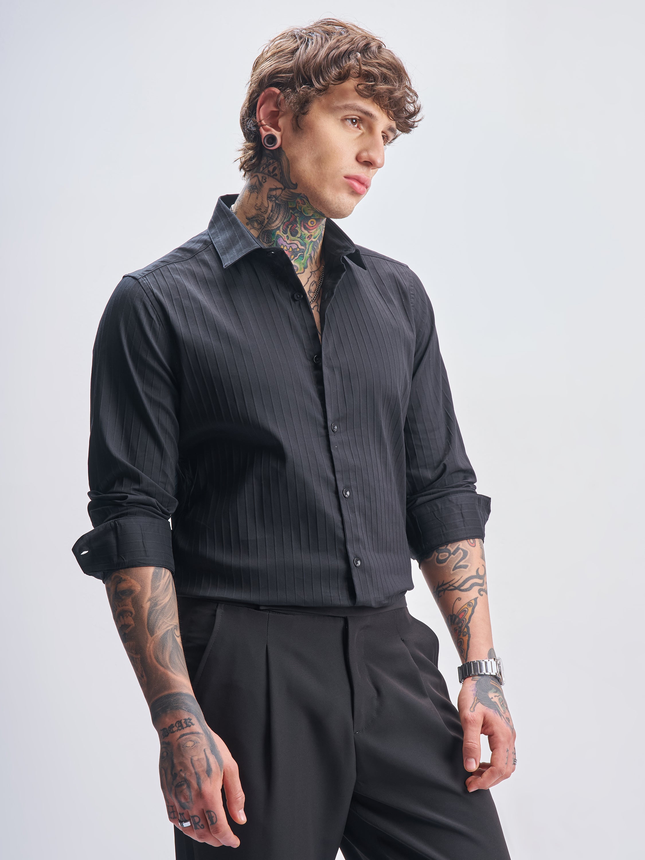Highlander Men Black Self Design Slim Fit Casual Shirt - Black - Image 6