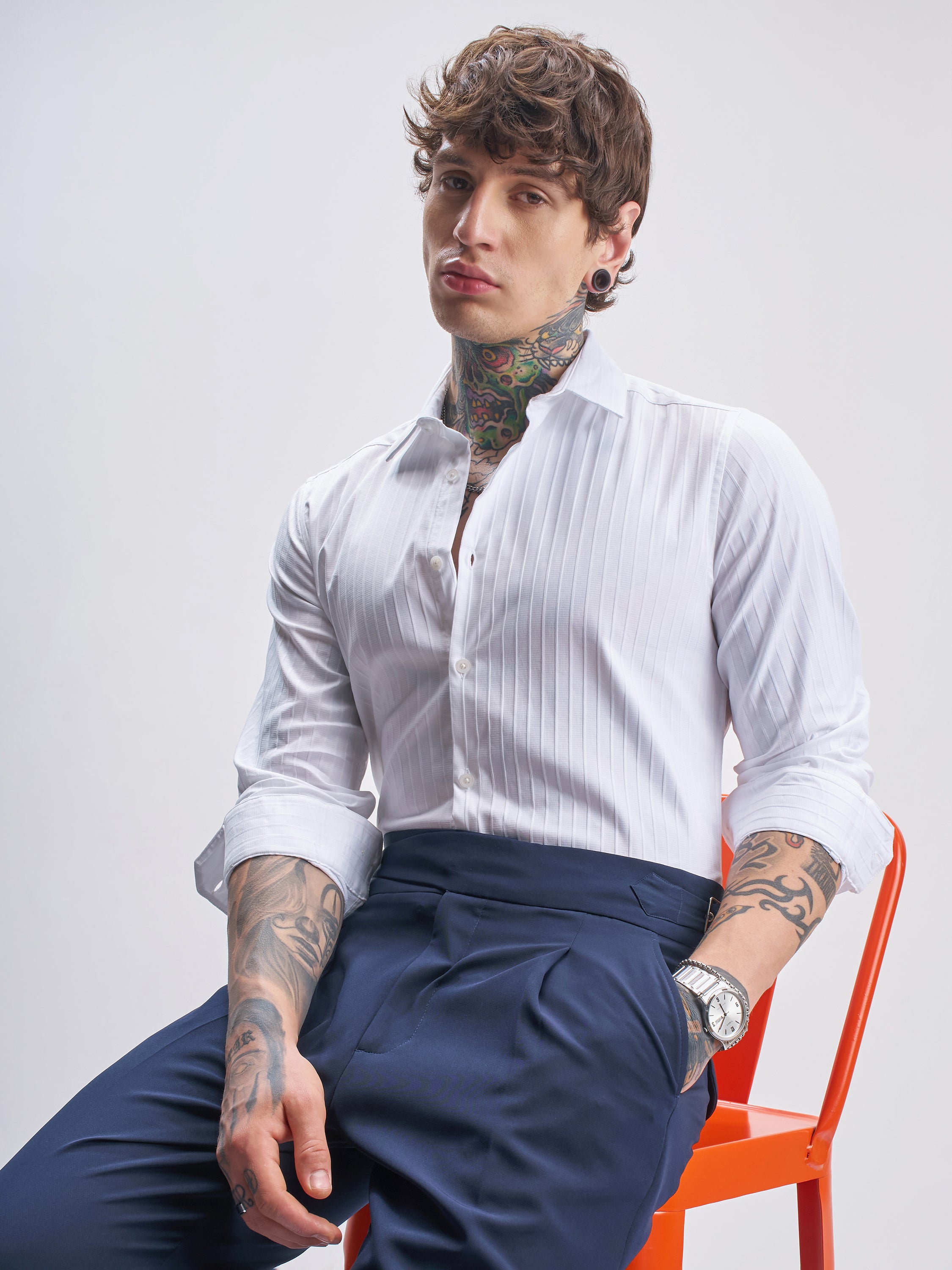 Highlander Men White Self Design Slim Fit Casual Shirt - White - Image 1