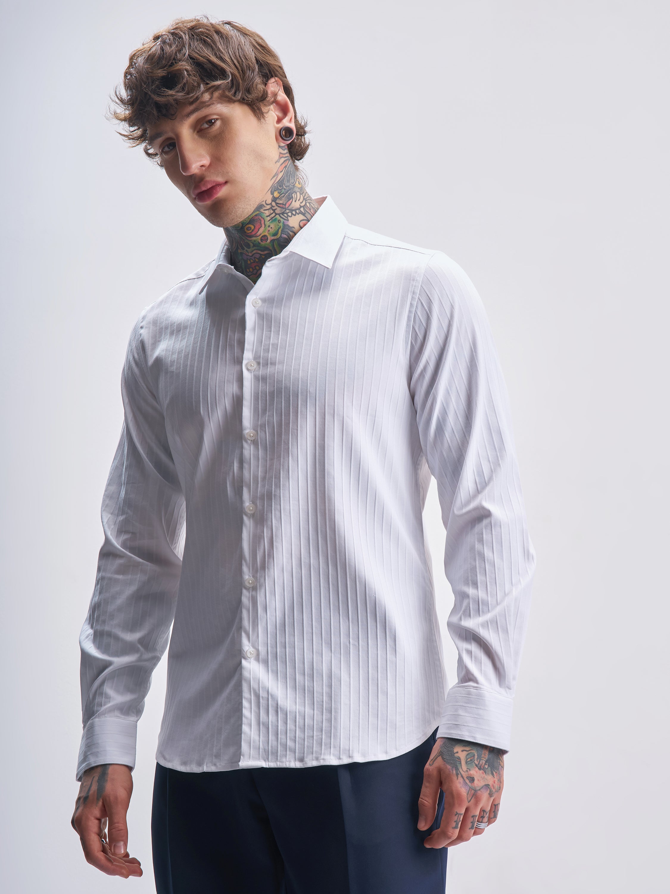 Highlander Men White Self Design Slim Fit Casual Shirt - White - Image 4