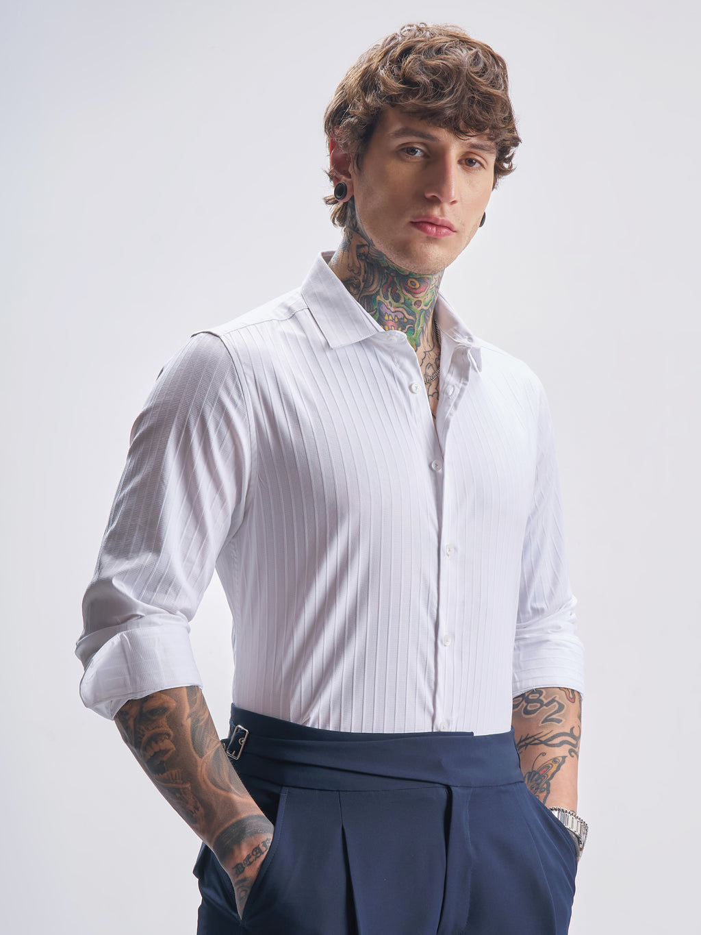 Highlander Men White Self Design Slim Fit Casual Shirt - White - Image 6