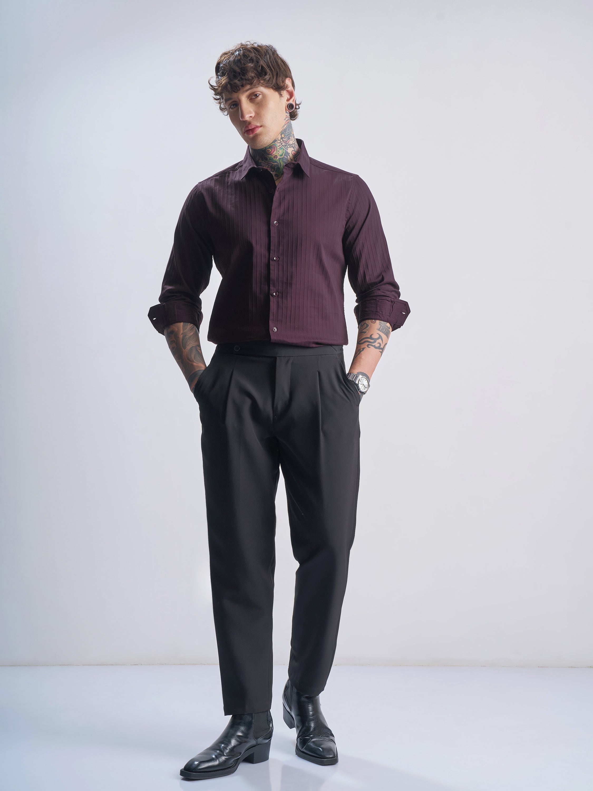 Highlander Men Purple Self Design Slim Fit Casual Shirt - Purple - Image 2