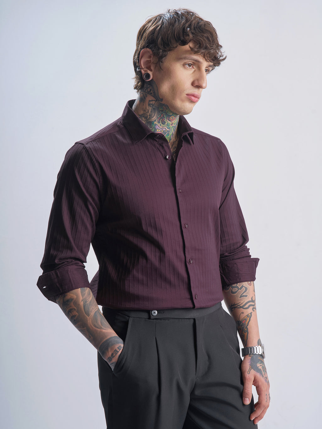 Highlander Men Purple Self Design Slim Fit Casual Shirt - Purple - Image 6