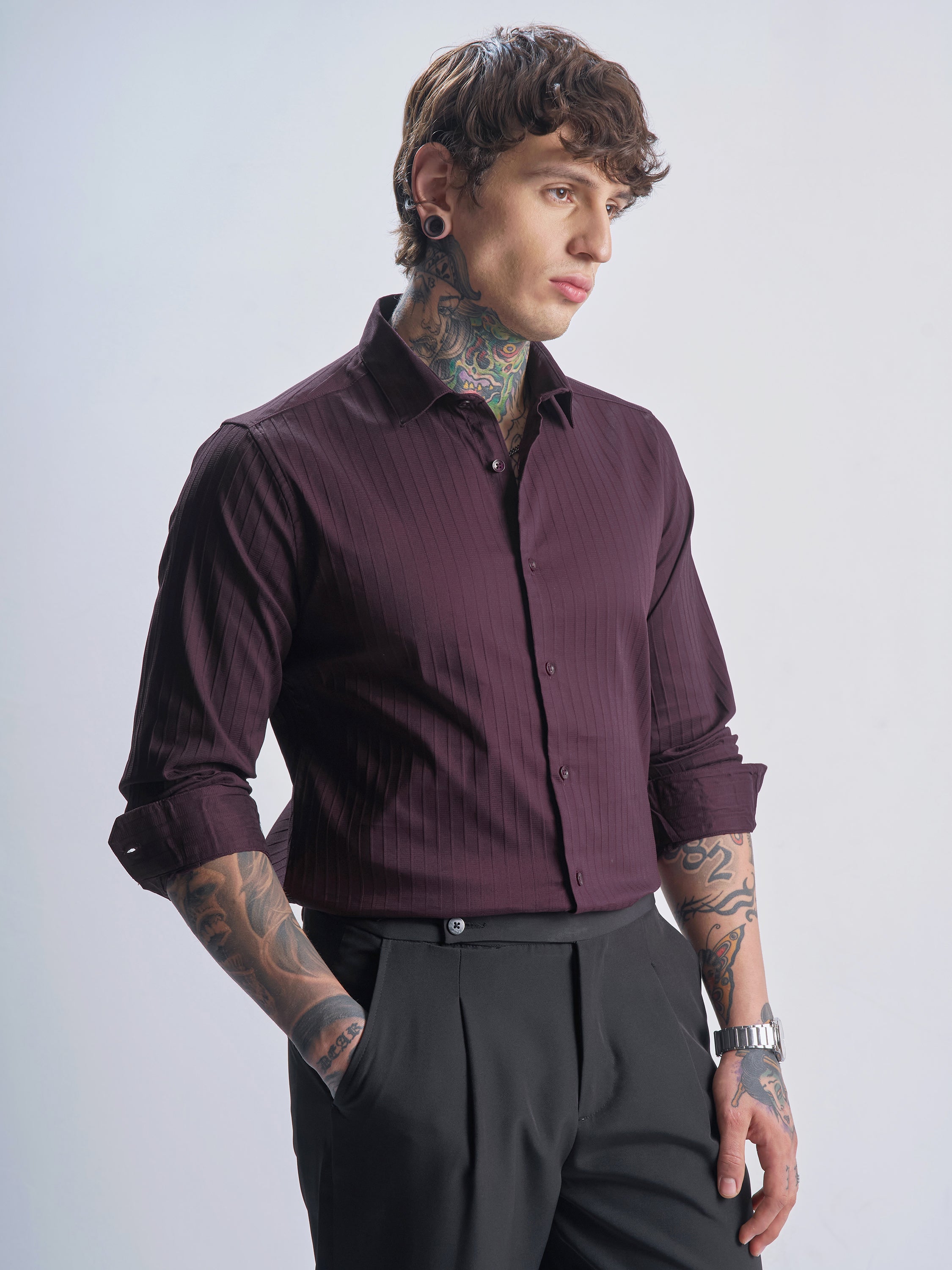 Highlander Men Purple Self Design Slim Fit Casual Shirt - Purple - Image 6