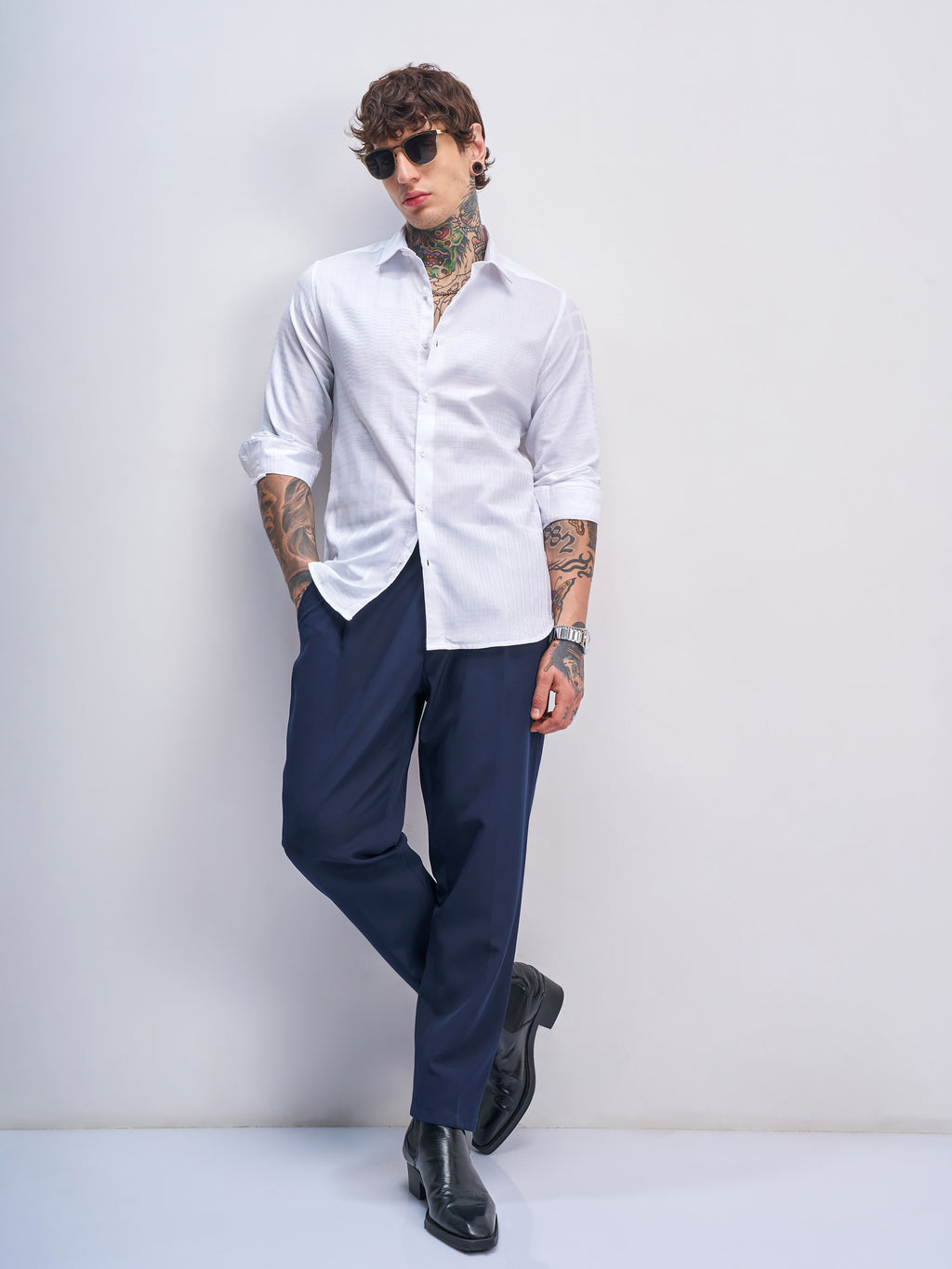 Highlander Men White Self Design Slim Fit Casual Shirt - White - Image 2