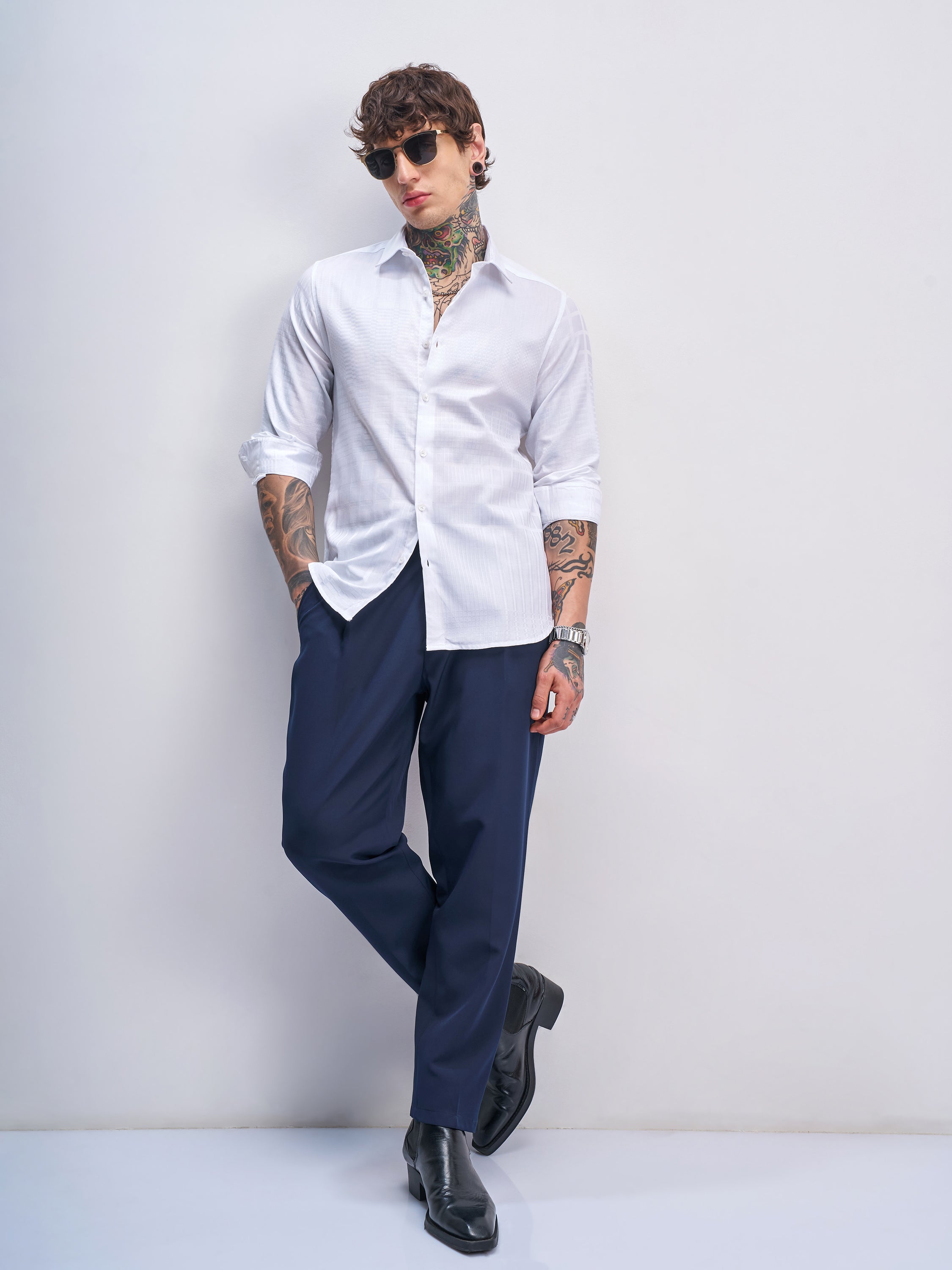 Highlander Men White Self Design Slim Fit Casual Shirt - White - Image 2