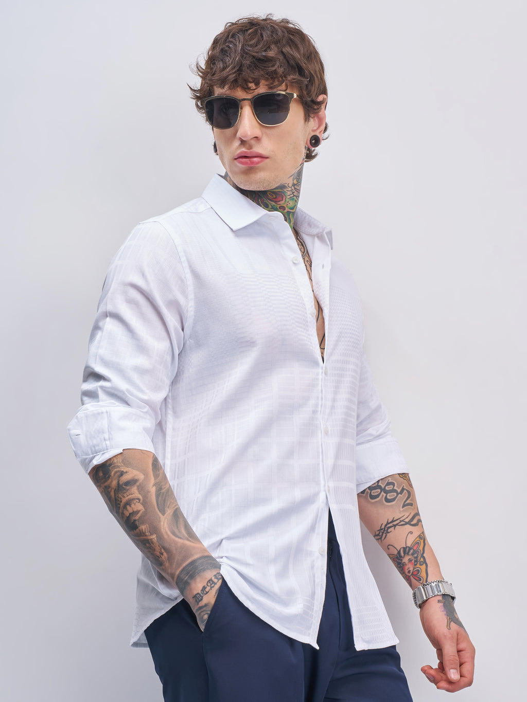 Highlander Men White Self Design Slim Fit Casual Shirt - White - Image 6