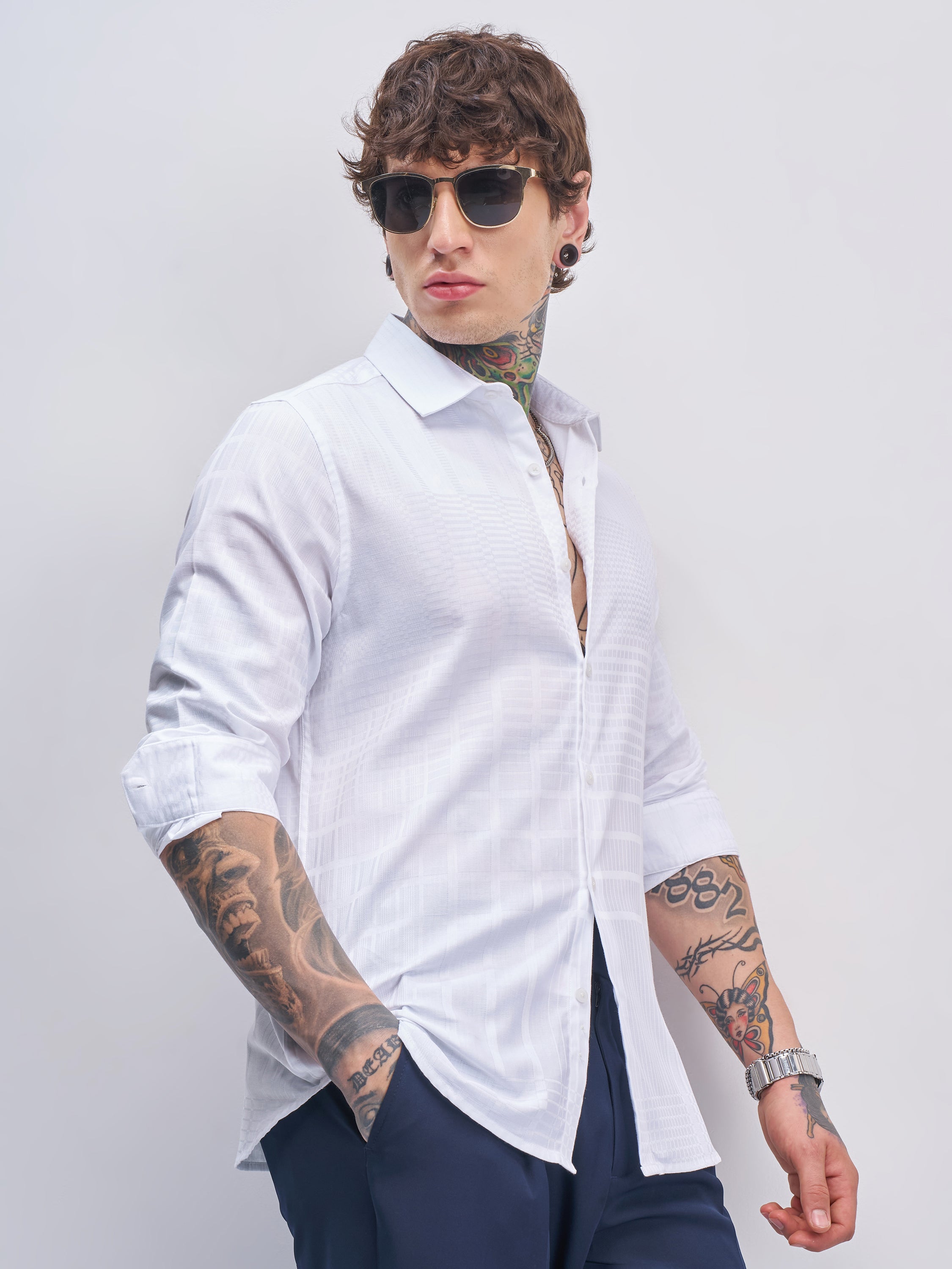 Highlander Men White Self Design Slim Fit Casual Shirt - White - Image 6