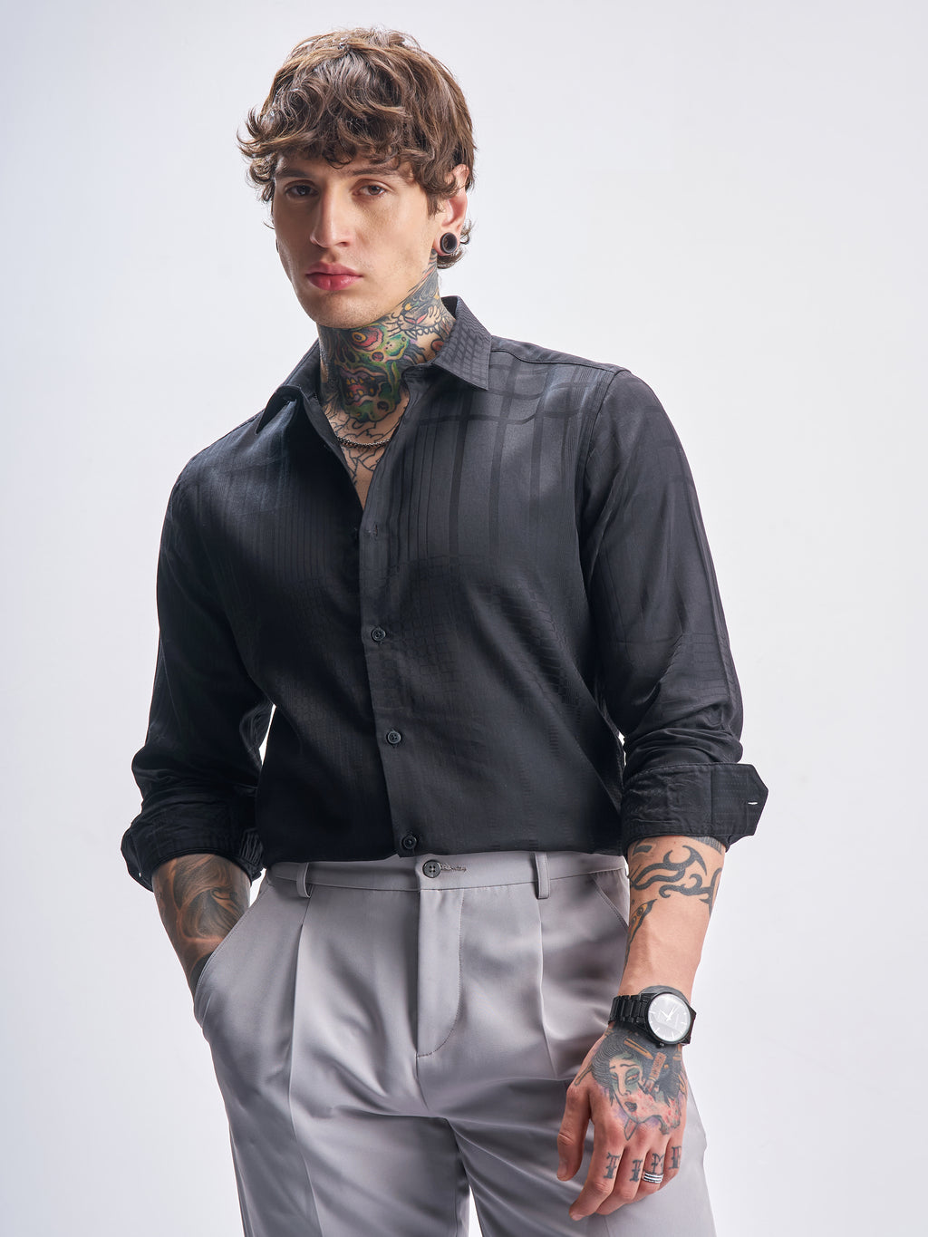 Highlander Men Black Self Design Slim Fit Casual Shirt - Black - Image 1