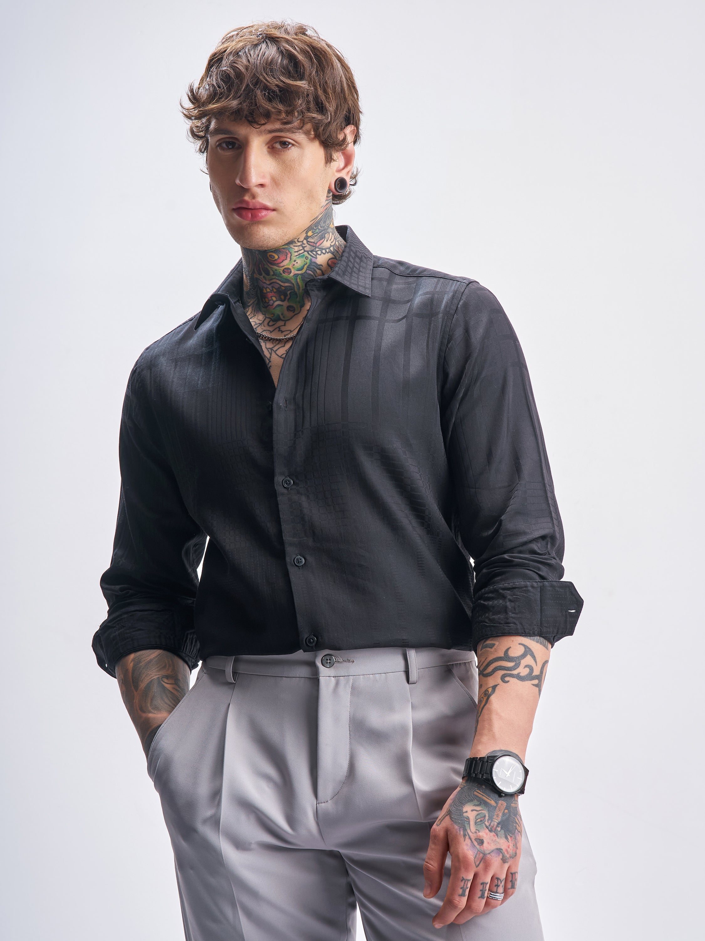 Highlander Men Black Self Design Slim Fit Casual Shirt - Black - Image 1