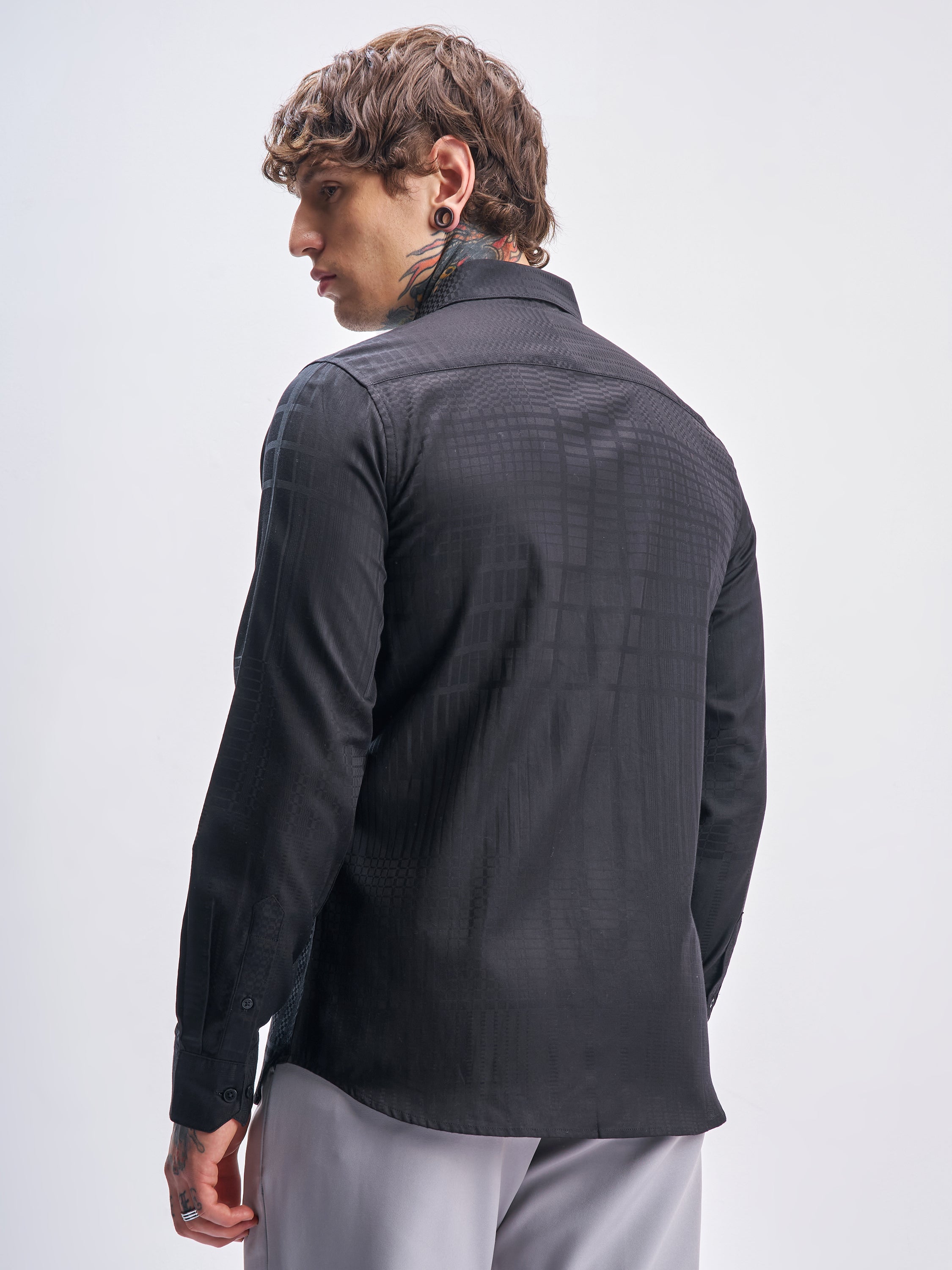 Highlander Men Black Self Design Slim Fit Casual Shirt - Black - Image 3