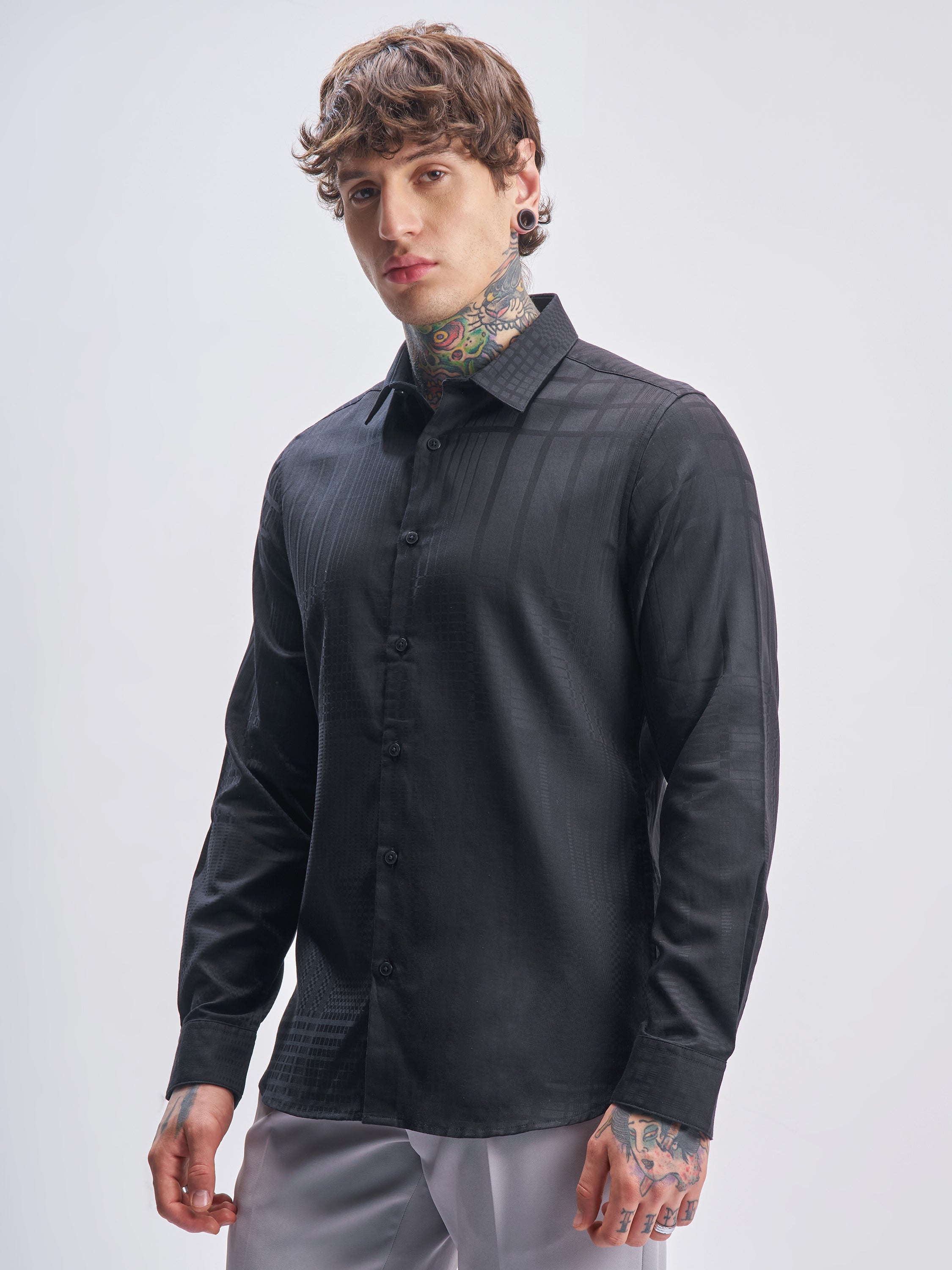 Highlander Men Black Self Design Slim Fit Casual Shirt - Black - Image 4