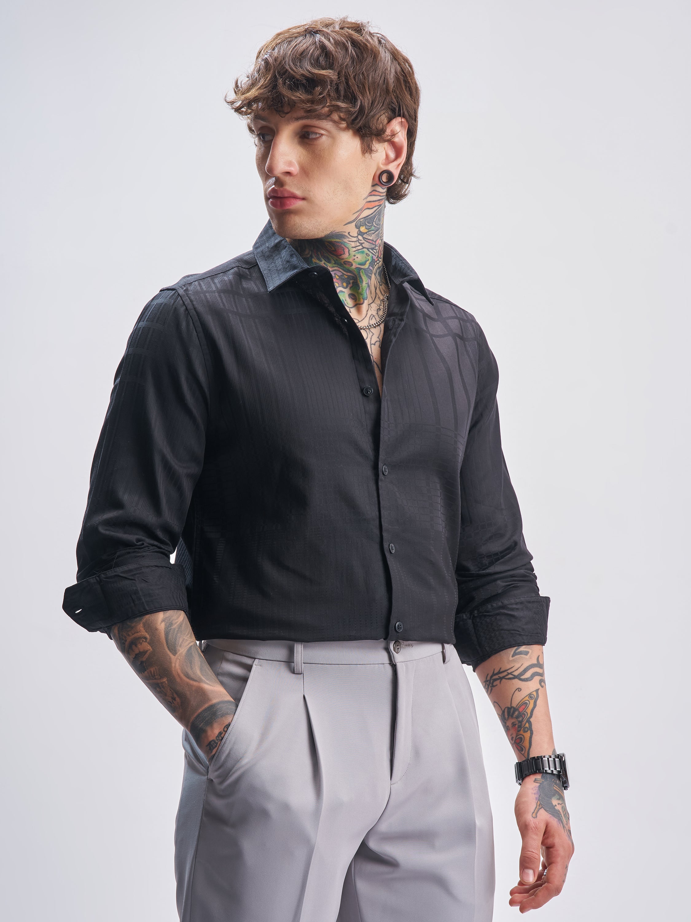 Highlander Men Black Self Design Slim Fit Casual Shirt - Black - Image 6
