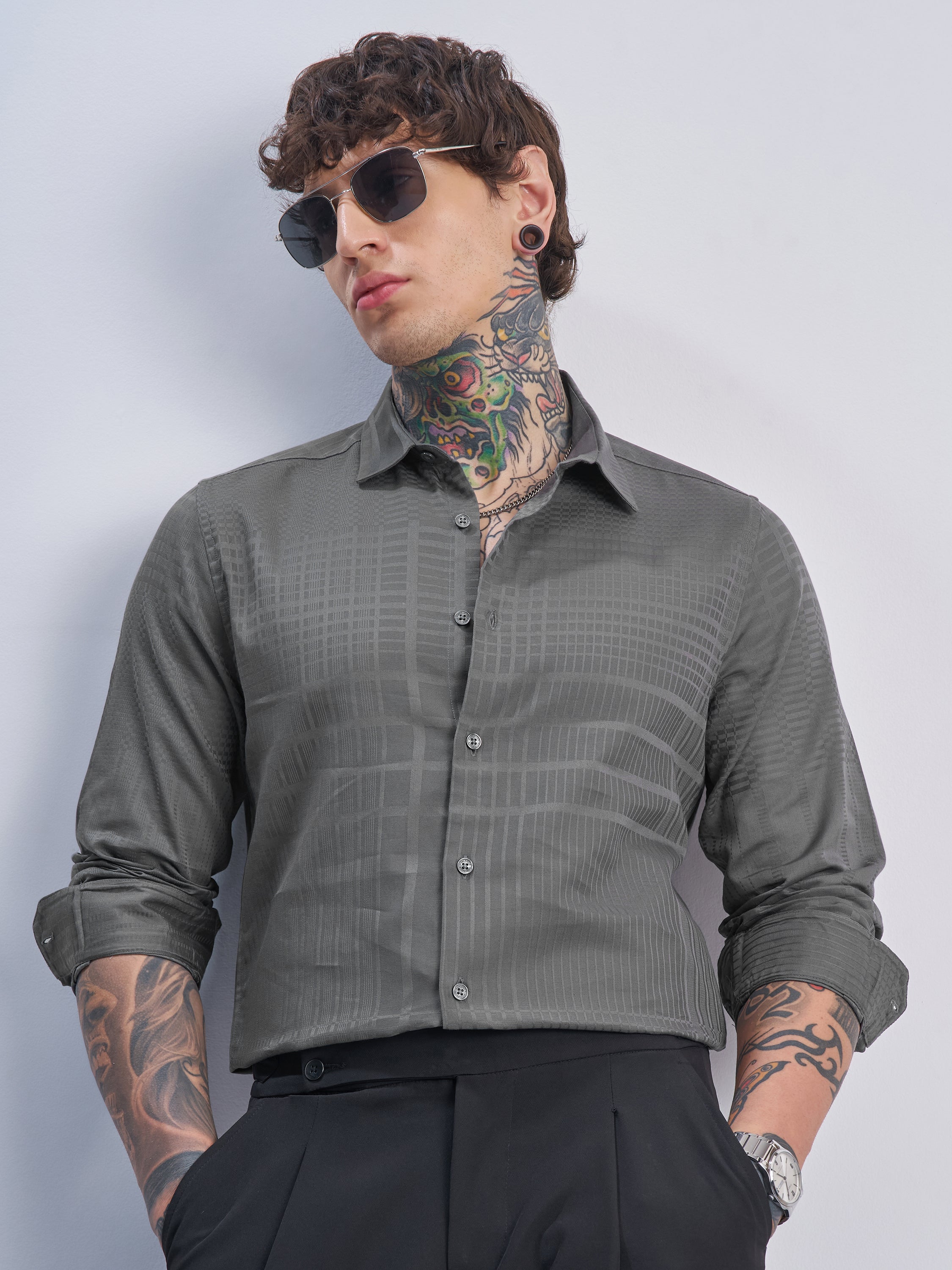 Highlander Men Grey Self Design Slim Fit Casual Shirt - Grey - Image 1